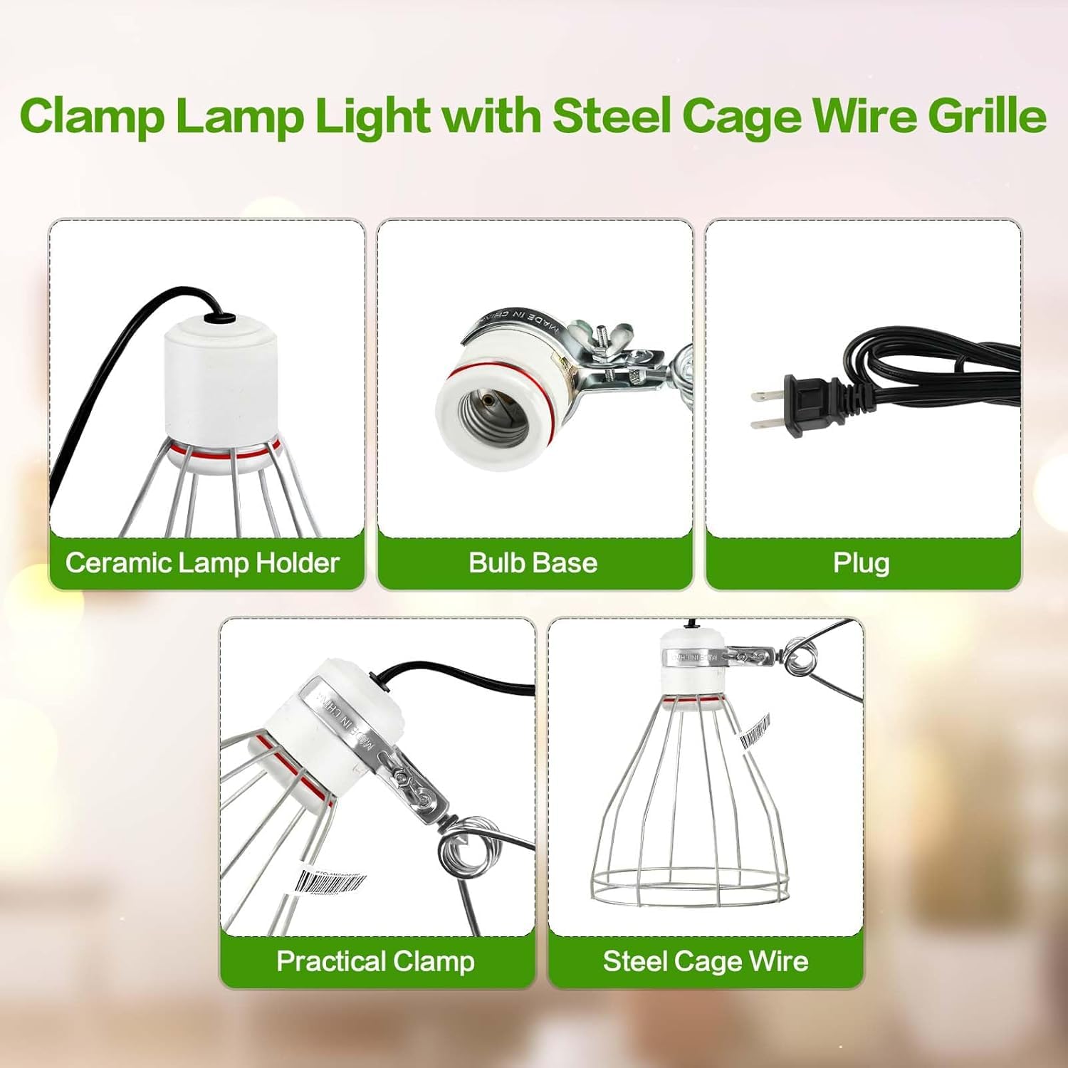 Simple Deluxe Clamp Lamp Light With Steel Cage Wire Grill Up To 250W E26 Socket (No Bulb Included), 6' Cord, 2 Pack
