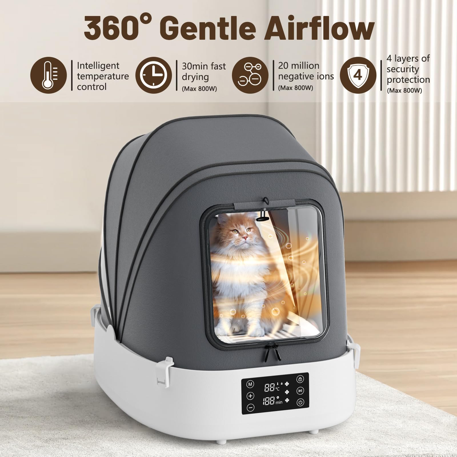 Automatic Pet Dryer Box, 60L Foldable, 360Quiet Airflow, Temperature/Time Control - Grooming Hair Blower For Dogs, Cats & Puppie