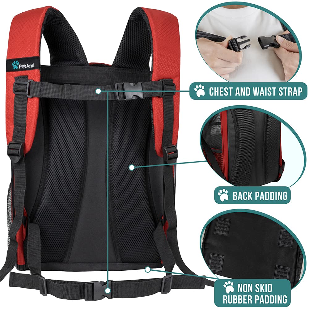 Petami Dog Backpack Carrier For Small Large Cat, Pet, Puppy, Ventilated Pet Hiking Backpack Travel Bag, Airline Approved Cat Backpack Carrier, Camping Biking Dog Bag Up To 18Lbs Pet, Red