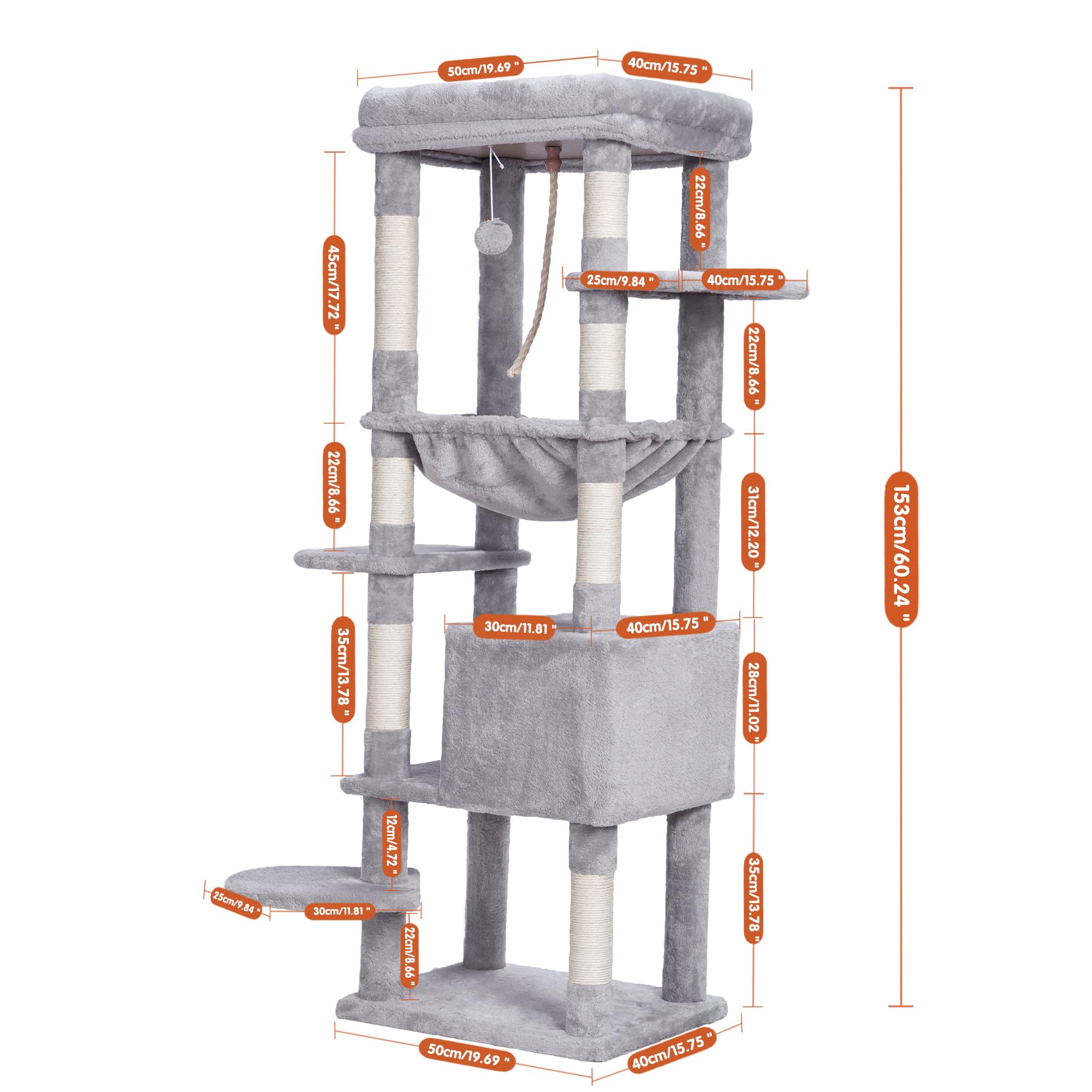 Heybly Cat Tree For Large Cats 20 Lbs Heavy Duty,60 Inches Xxl Cat Tower For Indoor Cats,Multi-Level Furniture Condo With Big Pa