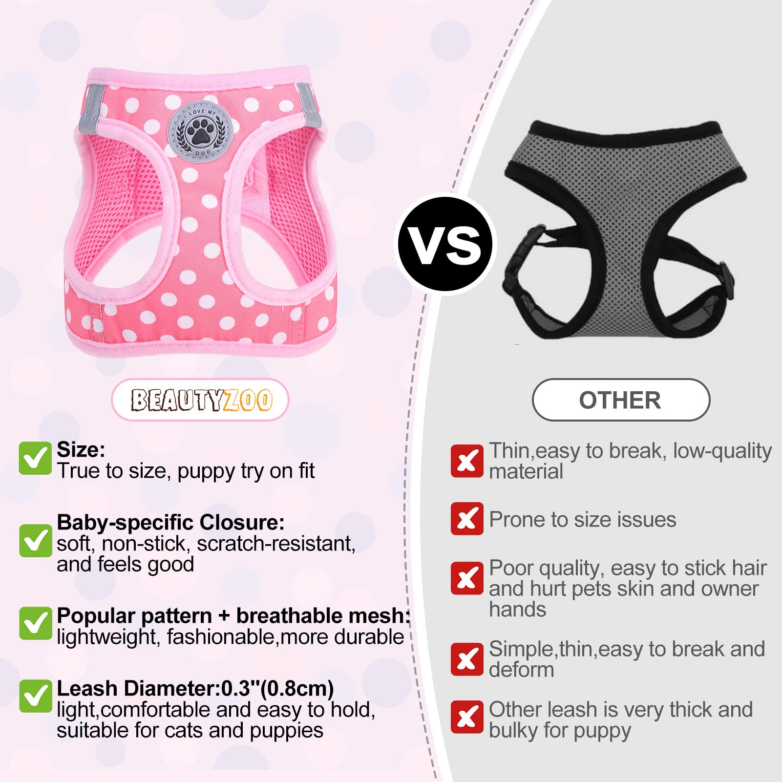 Beautyzoo Step In Dog Harness And Leash Set, Polka Dot Pattern Reflective Dog Harness No Pull No Choke Puppy Harness For Xxs Xs S Dogs Cats, Soft Padded Mesh Vest Harnesses For Girl And Boy Pets