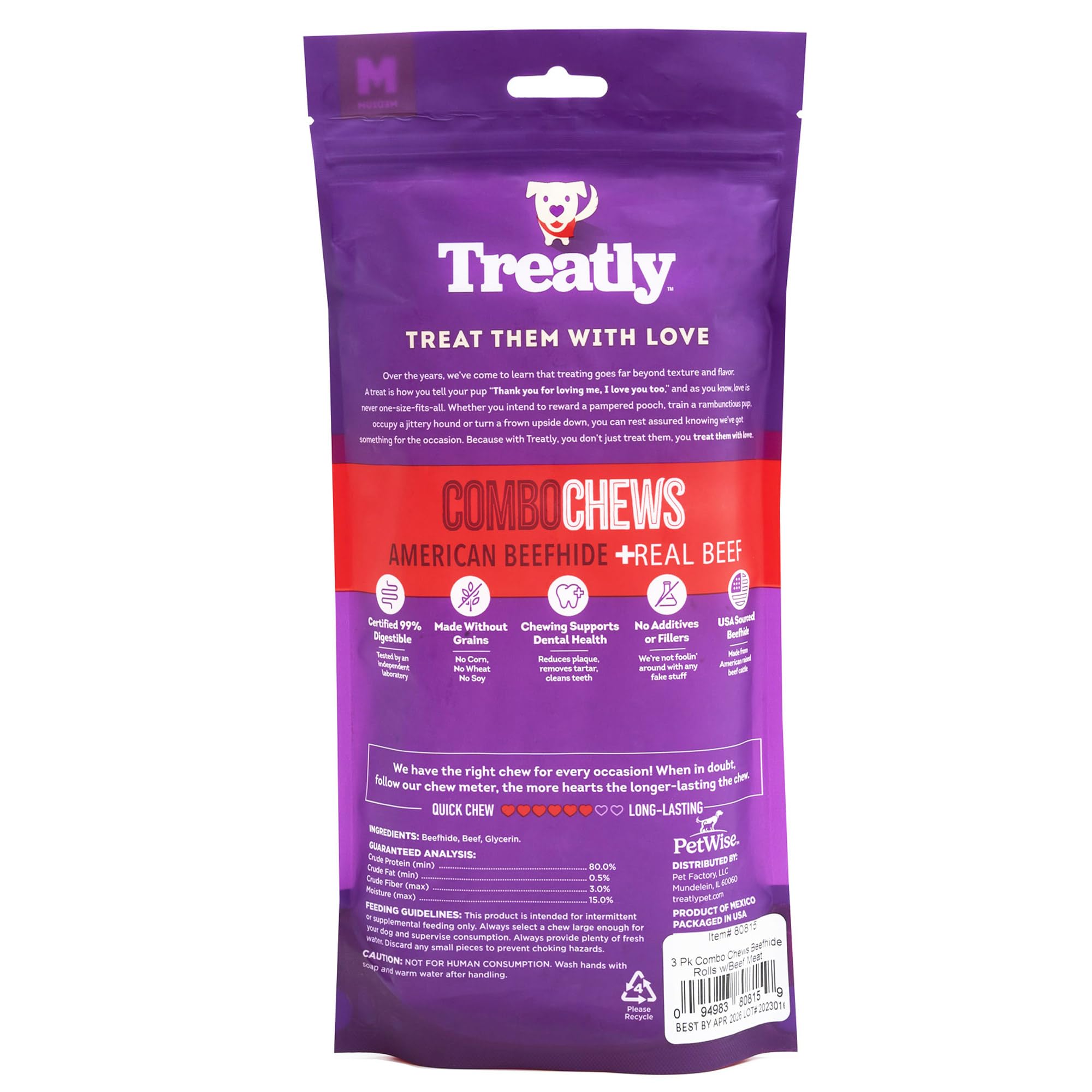 Treatly Dog Chew Treats - Combo Chews Beefhide Rolls 7" w/Beef Meat Wrap - 3 Count Pack