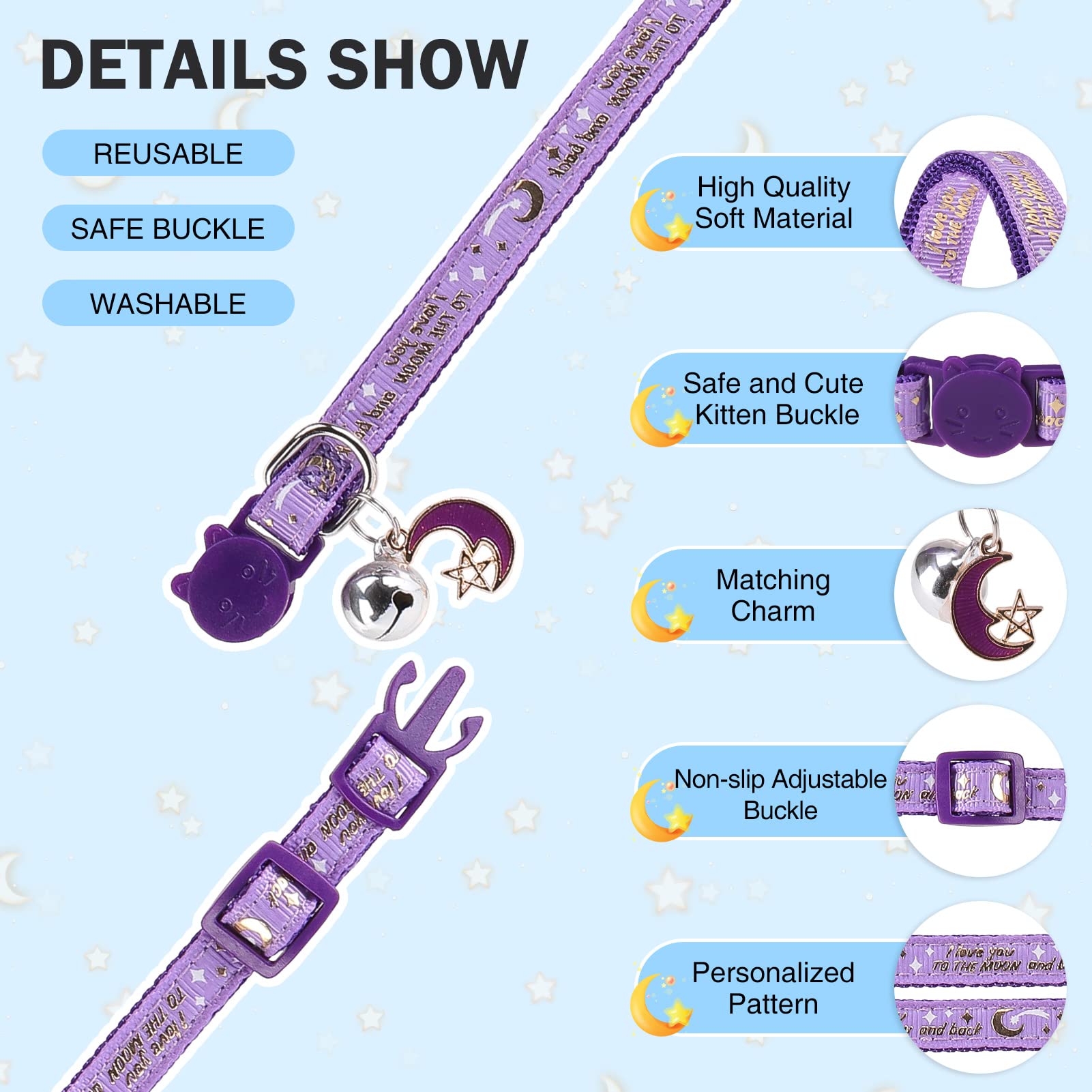 Dillybud Cat Collar With Bells Breakaway, 3 Pack Moon And Star Cat Collar Reflective, Cute Kitten Collars With Pendant Glow In T