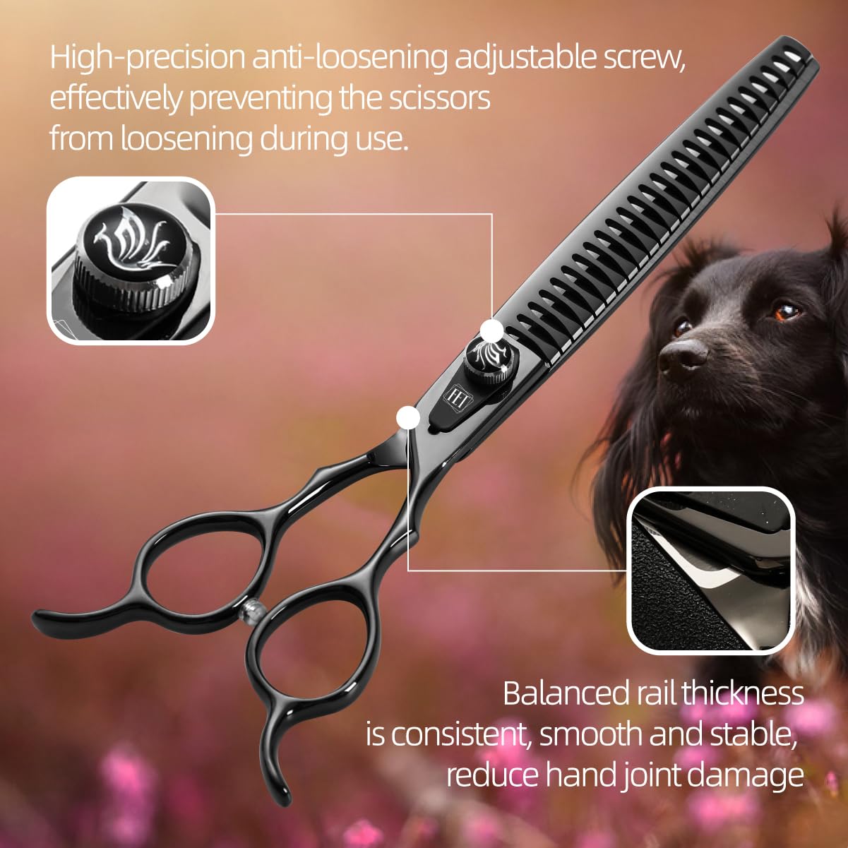 Fenice Totem Dog Grooming Scissors: 8.0 Inch Bright Black Pet Chunker Shears Made Of Japanese 440C Advanced Stainless Steel Prof