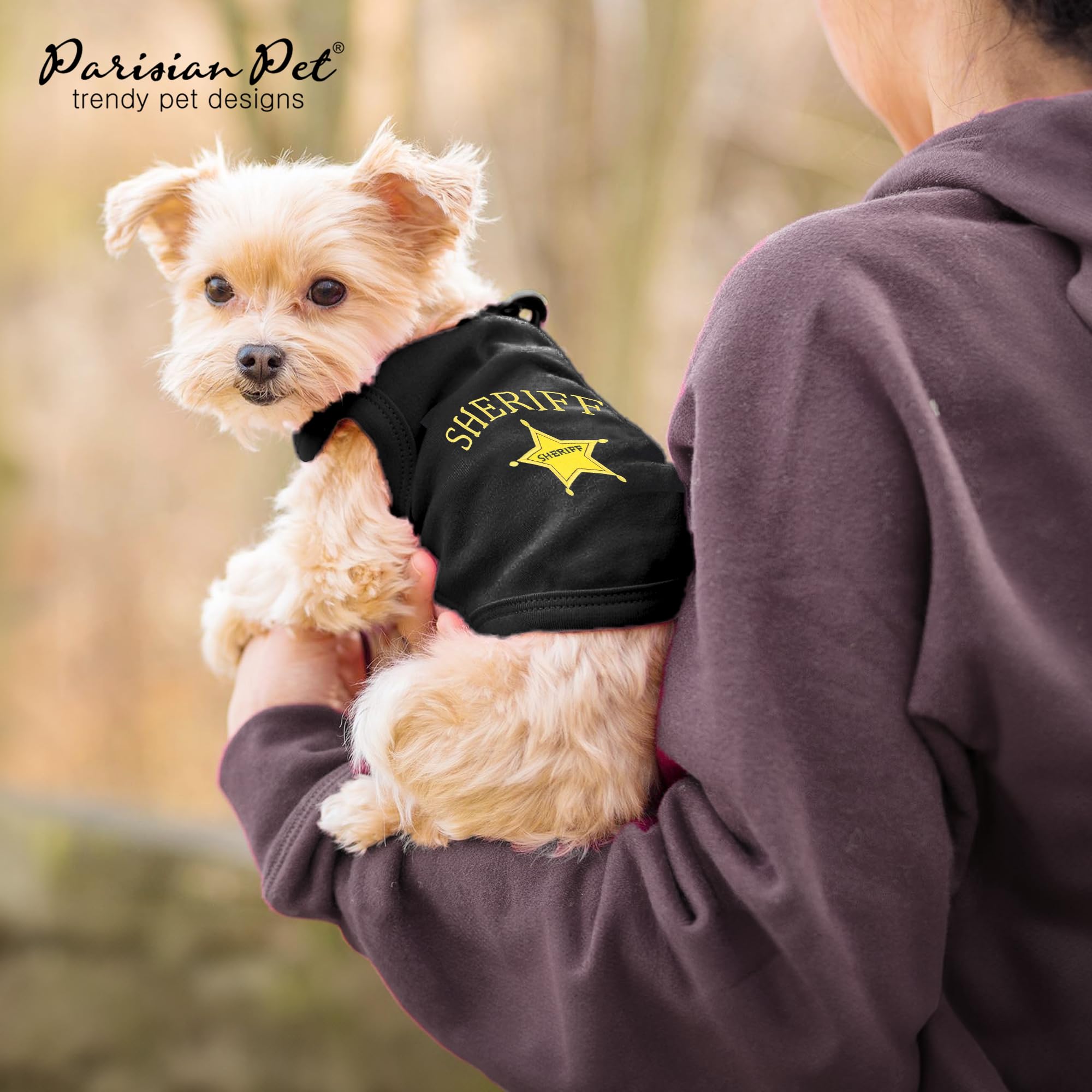Parisian Pet Dog Tshirt - Embroidered “ Sheriff “ Dog Shirt - Lightweight And Skin Friendly Dog Clothes - Sleeveless Black Dog Tee Shirts - Machine Washable Dog Shirts For Small Dogs - Xs
