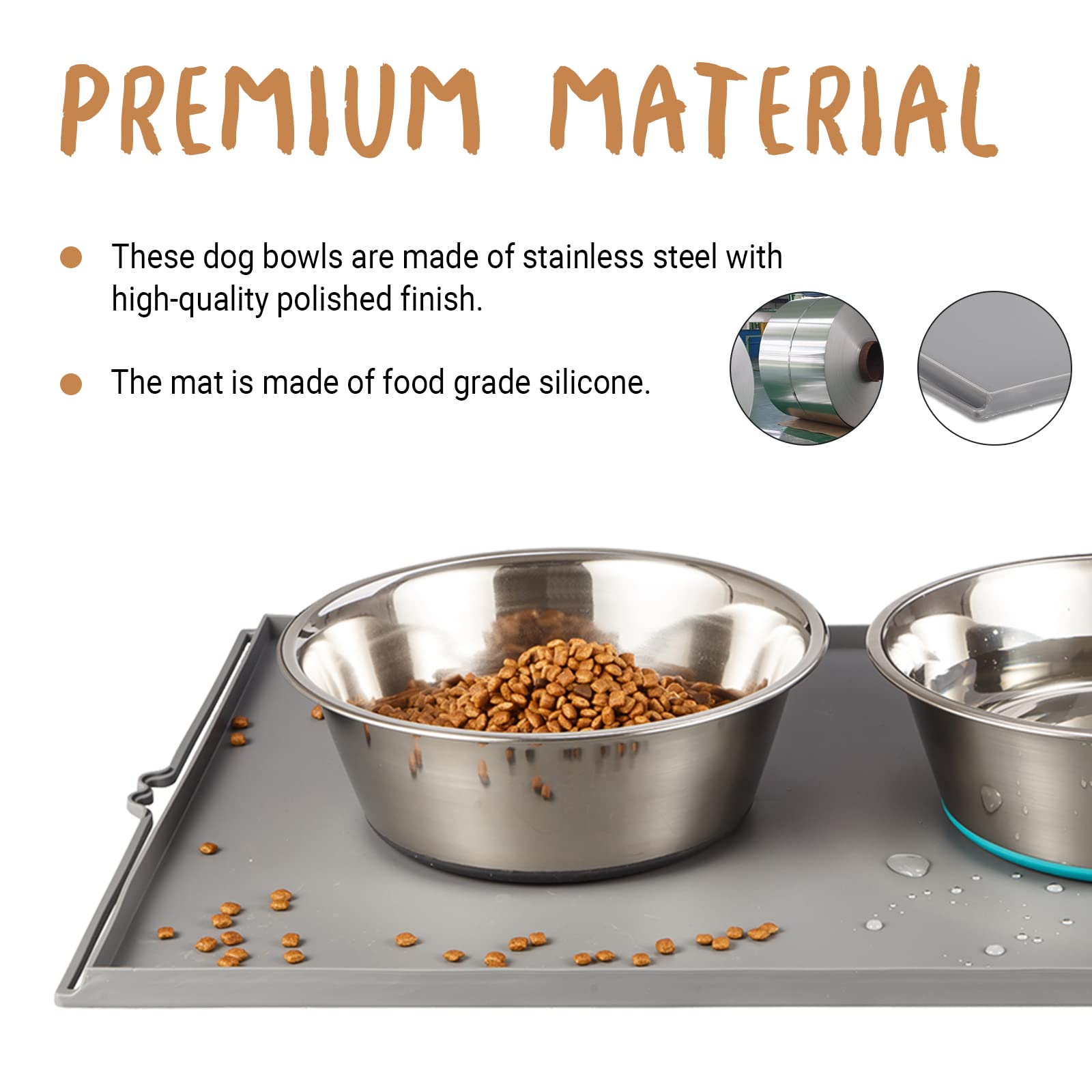 PEGGY11 Deep Stainless Steel Anti-Slip Dog Bowls with Silicone Mat - 2 Bowls + Mat, 6 Cups