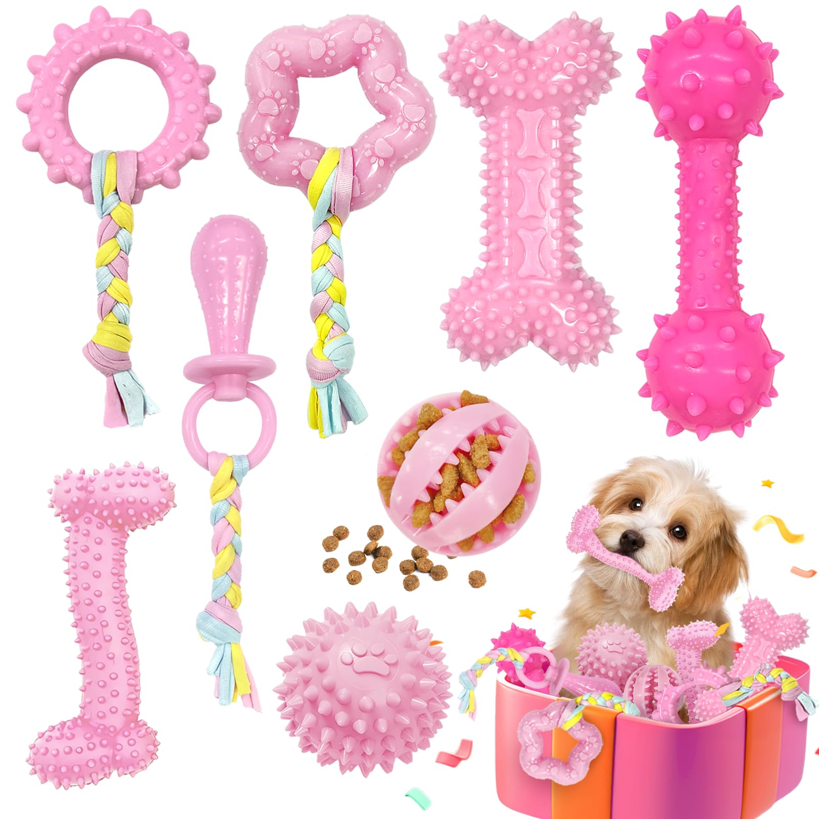 Omivine Puppy Chew Toys for Teething Small Dogs, 8 Pack Pink Puppy Toys for Teething Treat Interactive to Keep Them Busy, Cute S