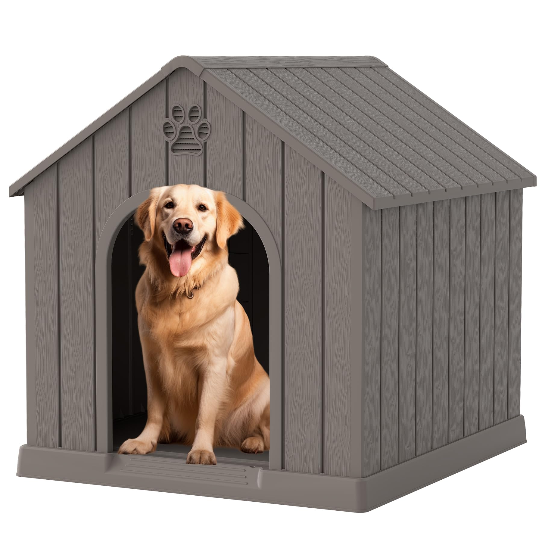 Fancyango Large Dog House Outdoor Indoor for Medium Large Dogs, Sturdy Plastic Waterproof Doghouse with Air Vents and Elevated F