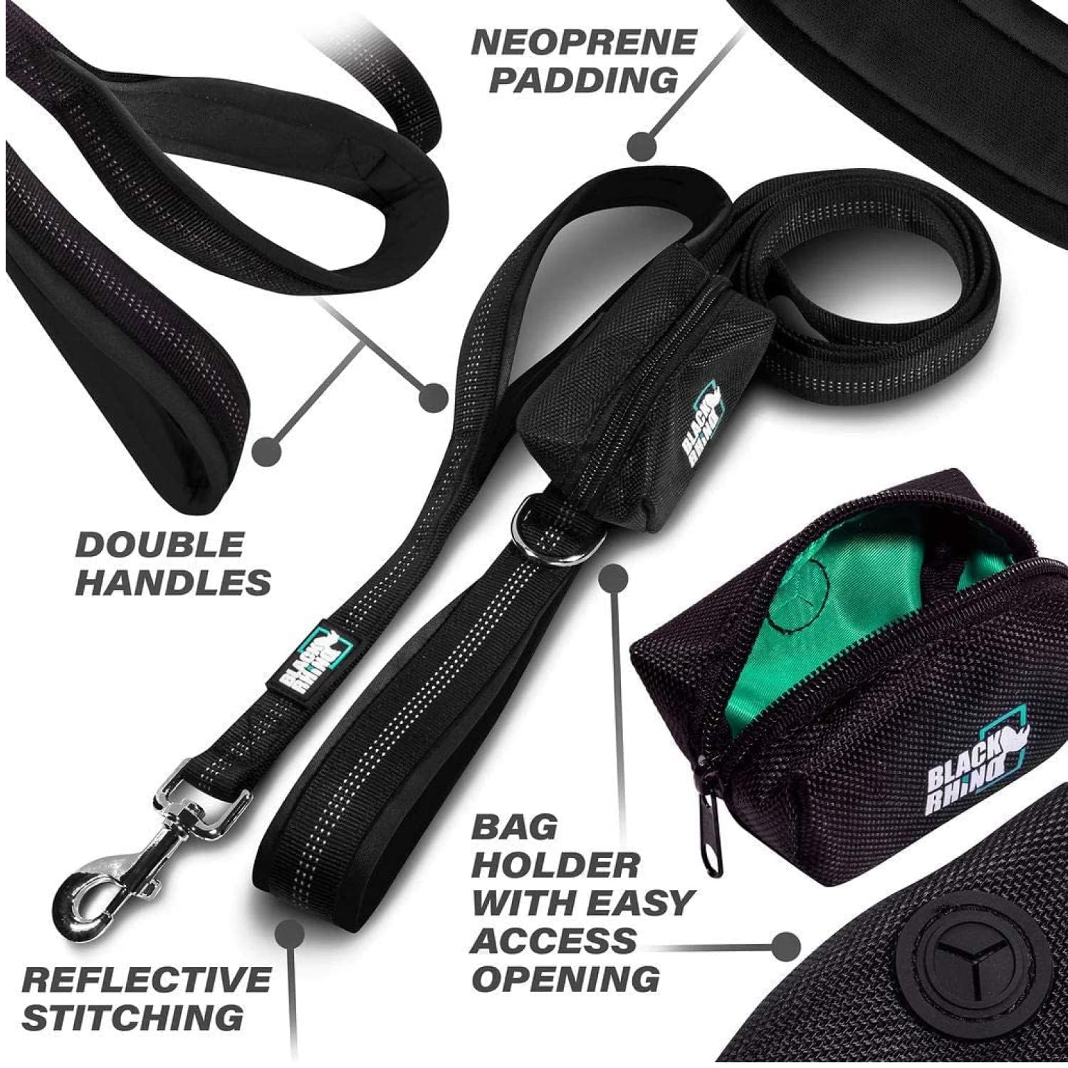 Black Rhino Heavy Duty Dog Leash - 6Ft Long Leash For Medium And Large Dogs - Dual Handle Training Lead With Padded Grip, Bag, Reflective Stitching, And Weather Resistant