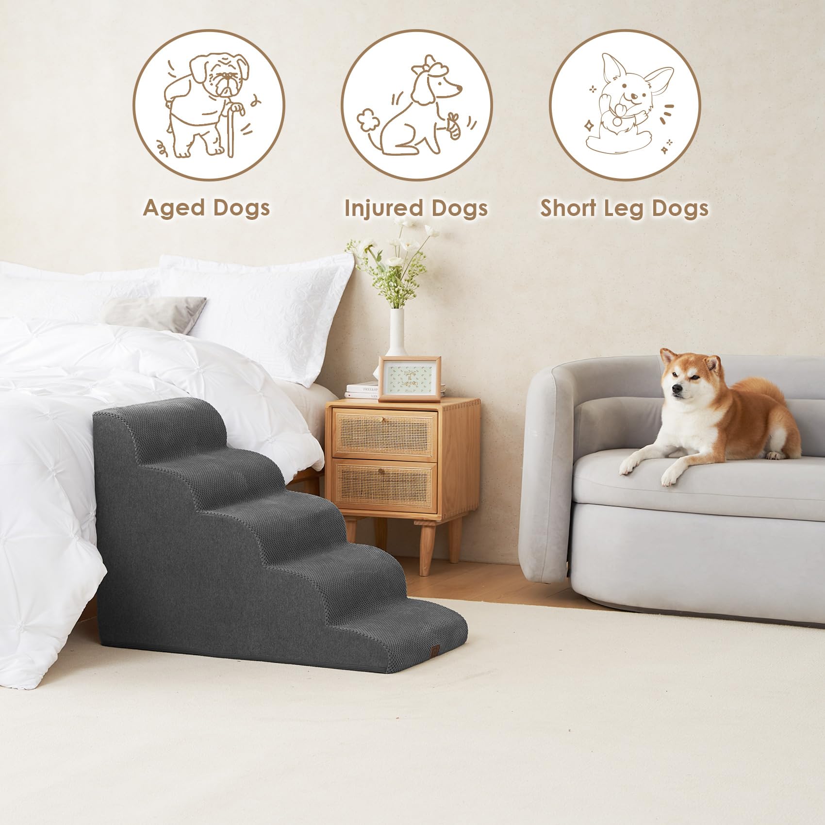 EHEYCIGA 5-Step Curved Dog Stairs Ramp for High Beds, Extra Wide Non-Slip Pet Steps for Small Dogs & Cats, Grey