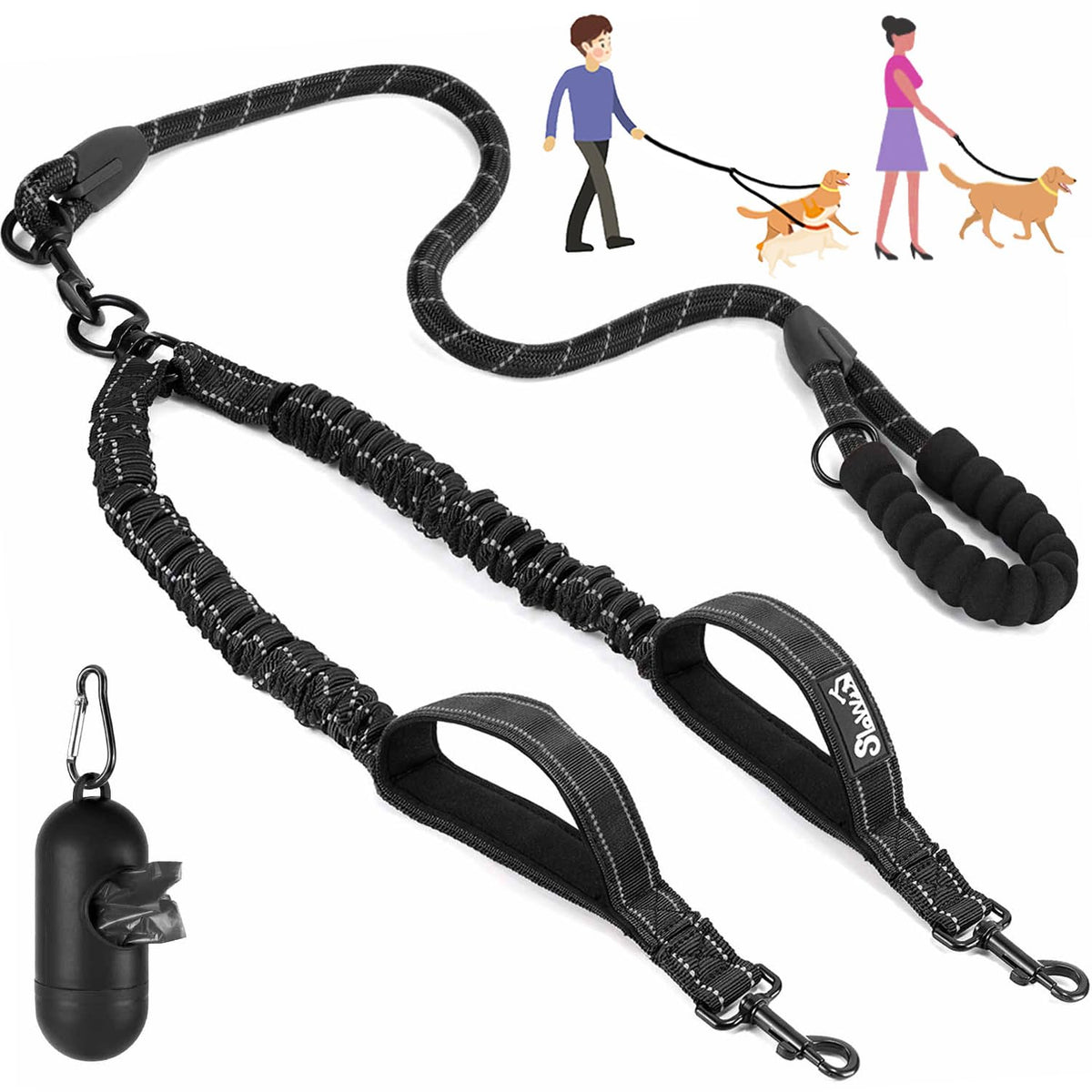 Lukovee Double Dog Leash, No Tangle - 360 Swivel Heavy Duty Reflective Lead For 2 Dogs With Two Padded Handles Dual Dog Splitter