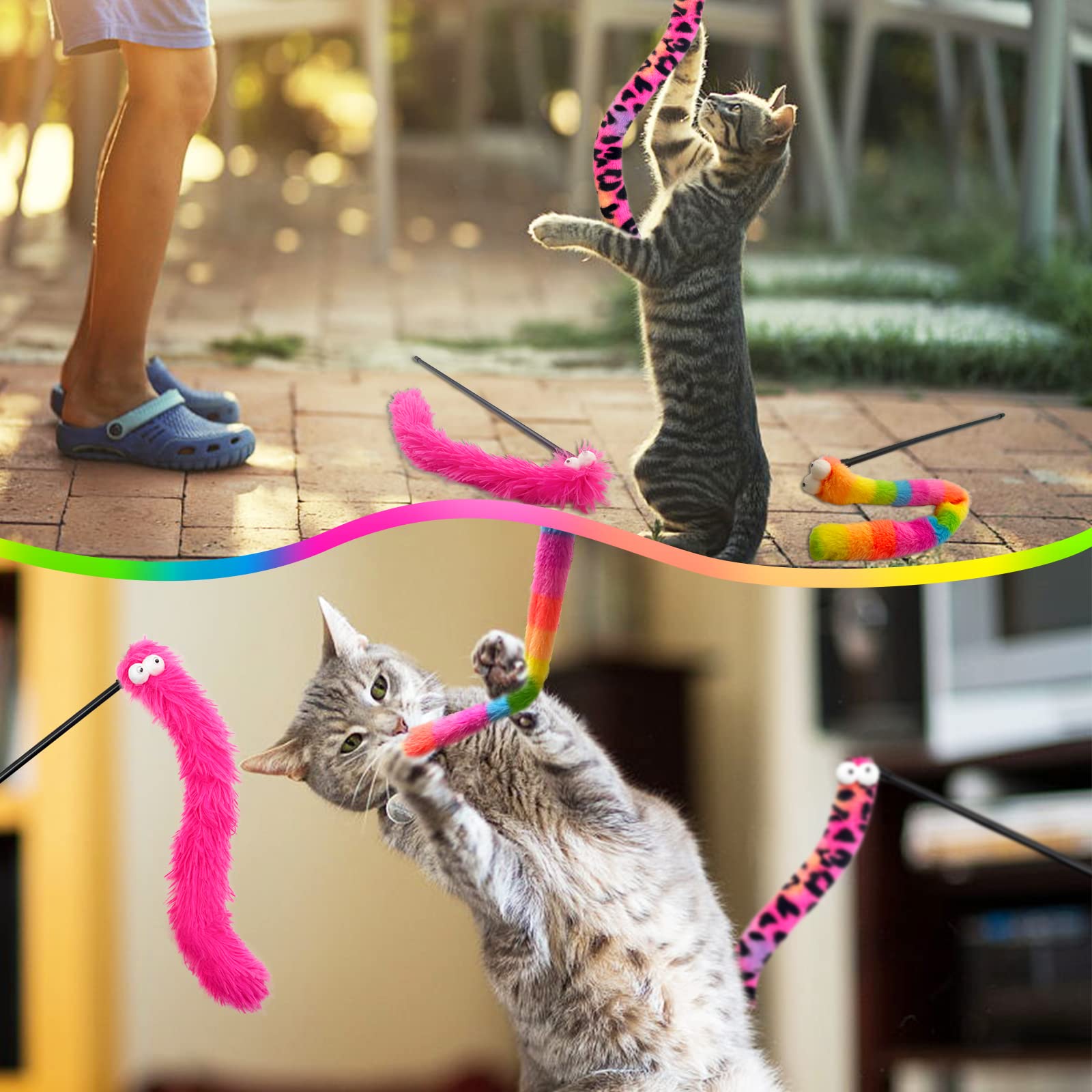 Lepawit 3 Pack Cat Wand Toy, Rainbow Cat Feather Toys With Bells, Teaser Wand With Soft Furry Tail, Interactive Toys For Indoor