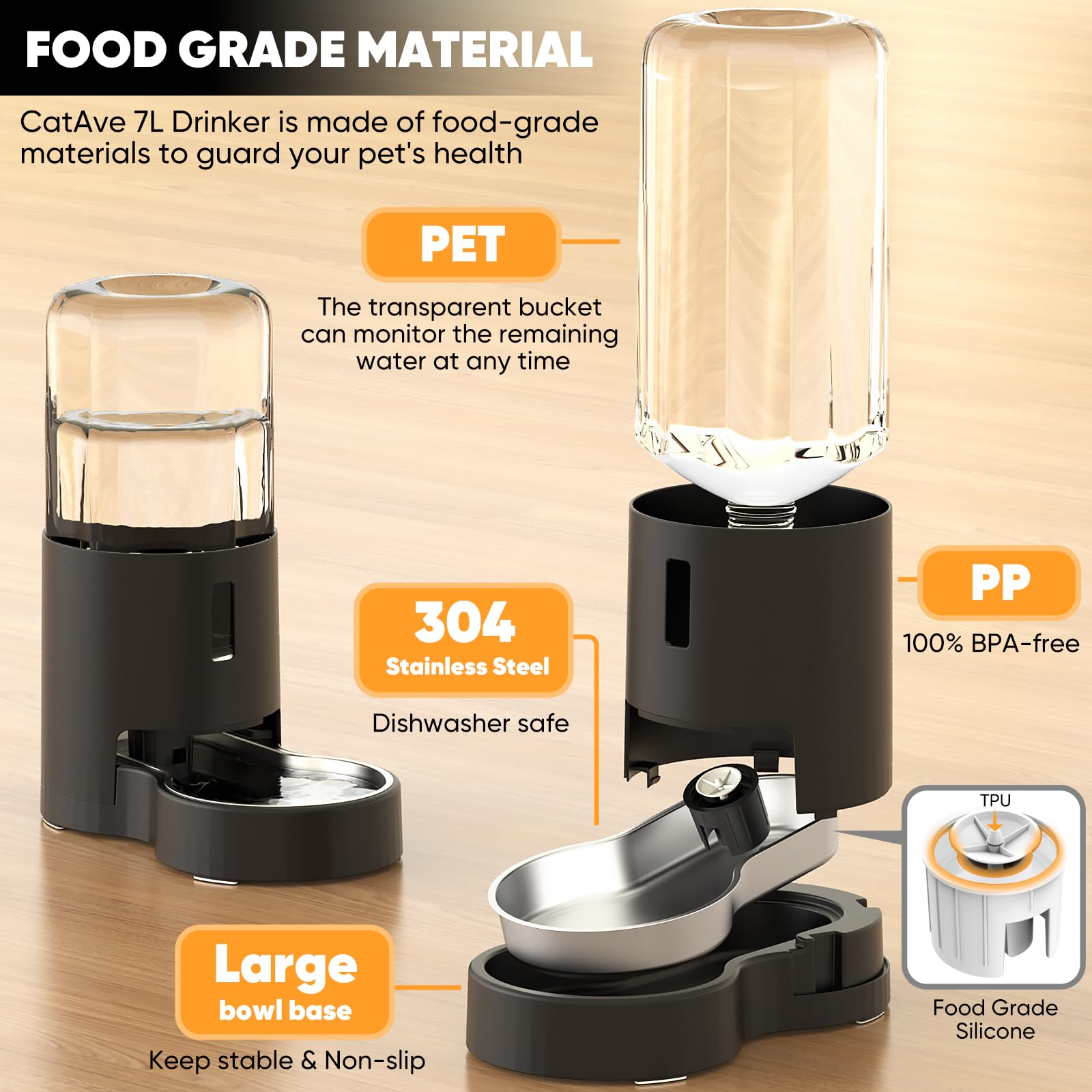 7L Automatic Dog Water Dispenser Bowl, Gravity Pet Water Dispenser With Stainless Steel Bowl, No Spilling Large Capacity Water F