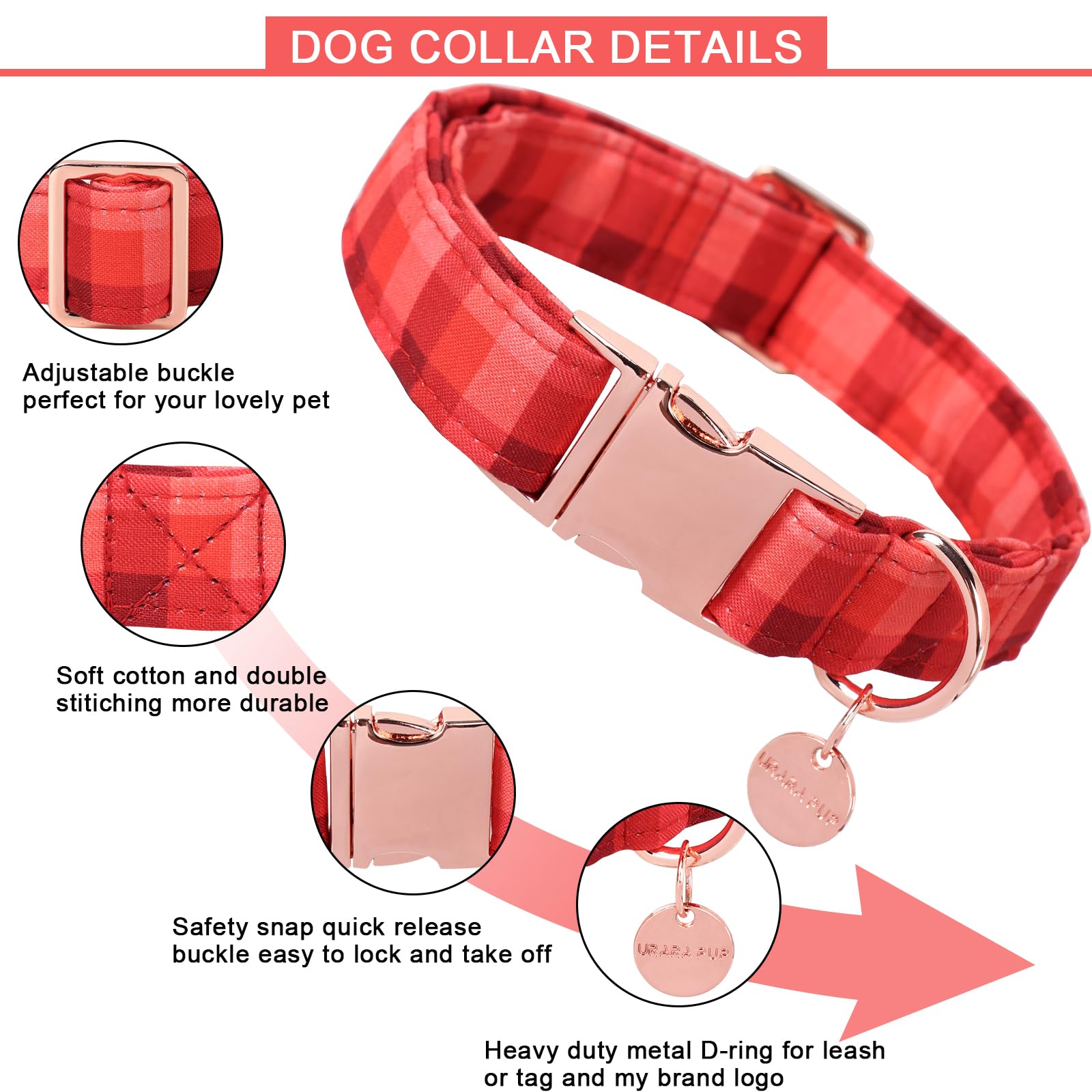 Up Urara Pup Christmas Dog Collar, Christmas Collar For Puppy Girl Boy Dog Or Cat, Red Plaid Dog Collar With Durable Metal Buckl