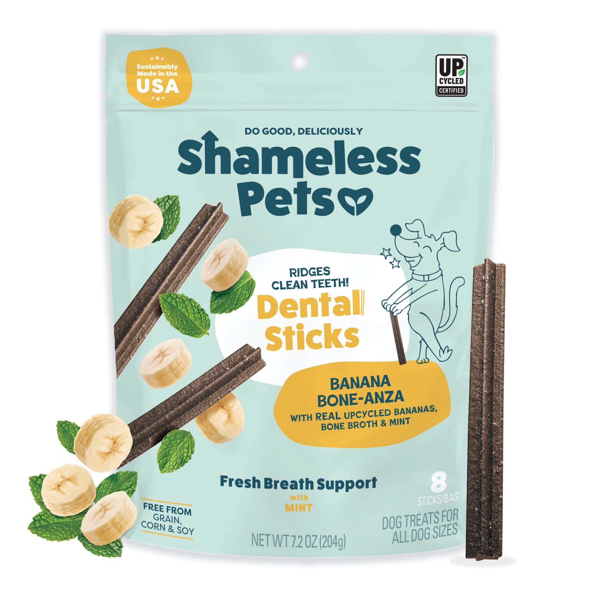 Shameless Pets Dental Treats for Dogs, Banana Bone-Anza - Healthy Dental Sticks with Hip & Joint Support for Teeth Cleaning & Fr