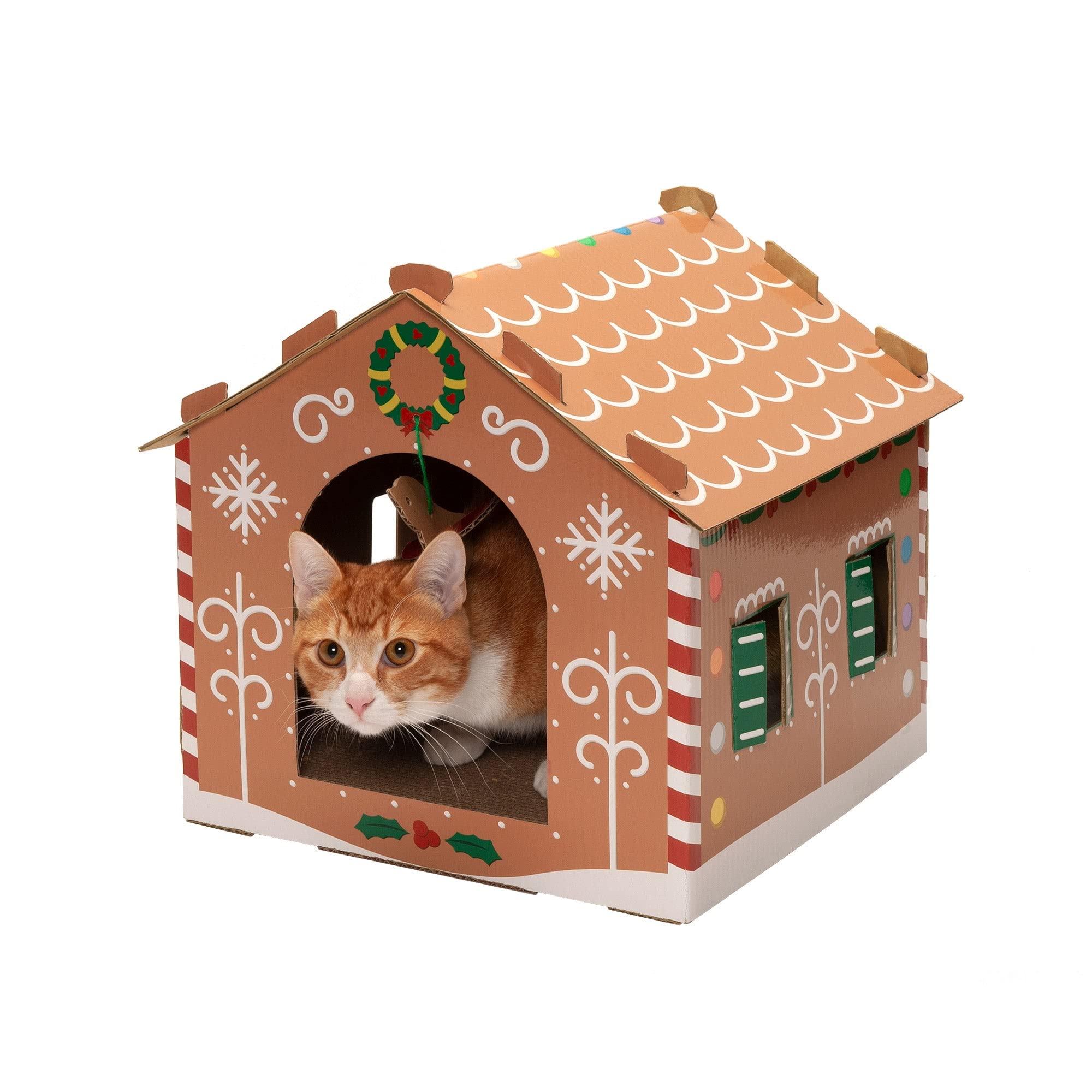 Furhaven Cardboard Cat House W/ Catnip For Indoor Cats, Ft. Scratching Pad & Hanging Toys - Decorated Gingerbread House Holiday 