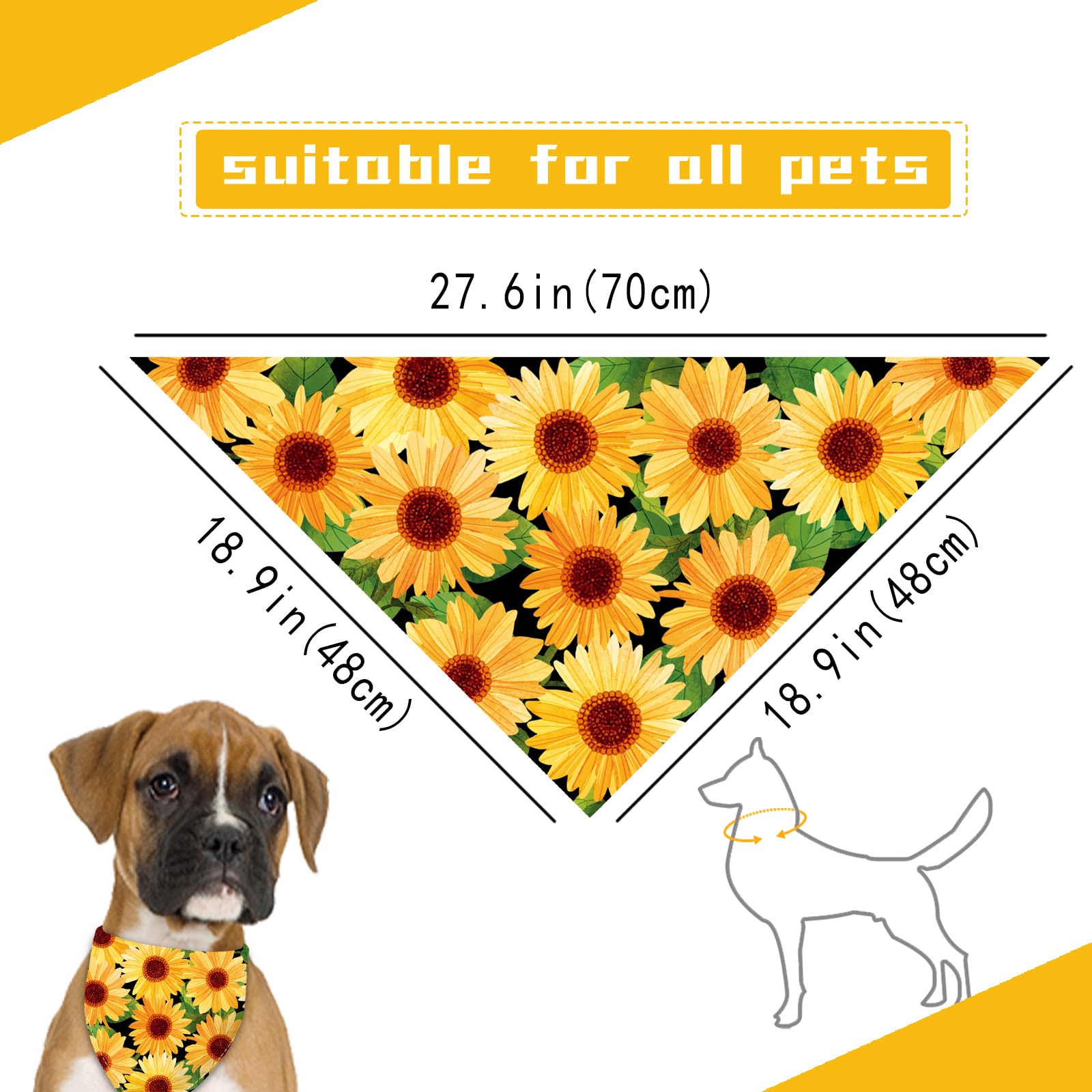 Liboom - Sunflower With Leaves Dog Bandana Washable Pets Scarf Triangle Adjustable Handkerchief, Double Sided Printing, Black,Su