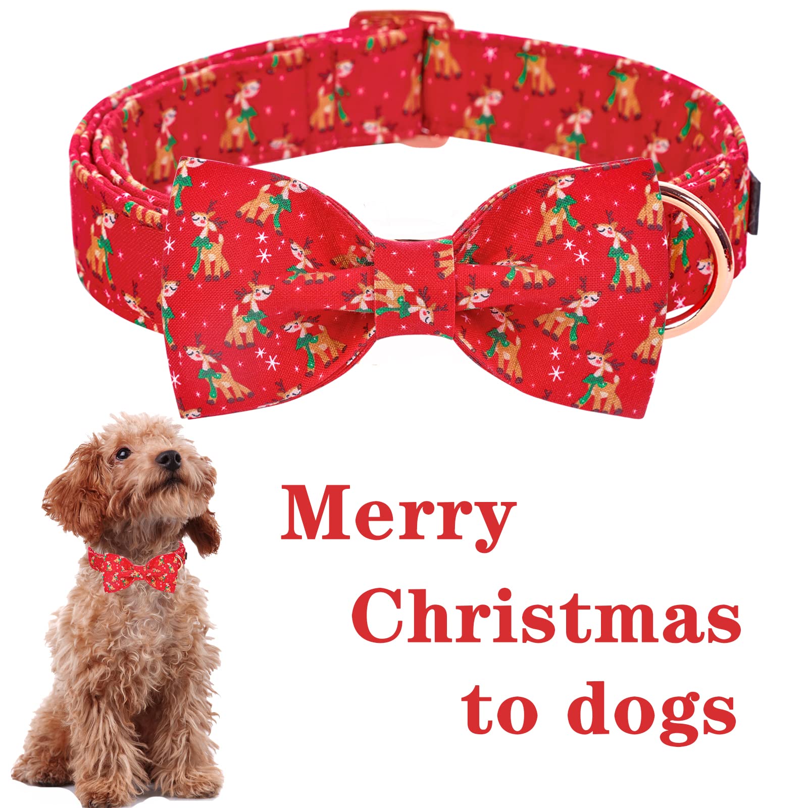 Unique Style Paws Christmas Dog Collar With Bow Tie Red Elk Cotton Collar Adjustable Puppy Collar For Small Medium Large Dogs-Xs