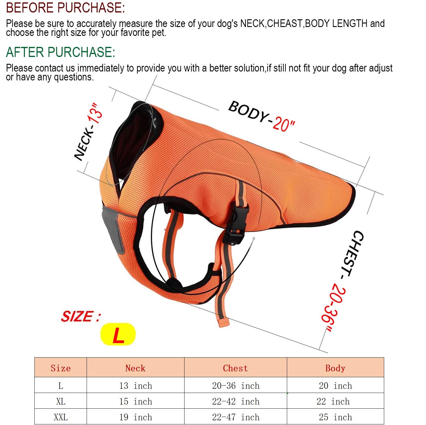 Smartelf Dog Cooling Vest Swamp Cooler Coat,Evaporative Jacket Safety Reflective Vest For Large Dogs Walking Outdoor Hunting Training Camping Orange-L