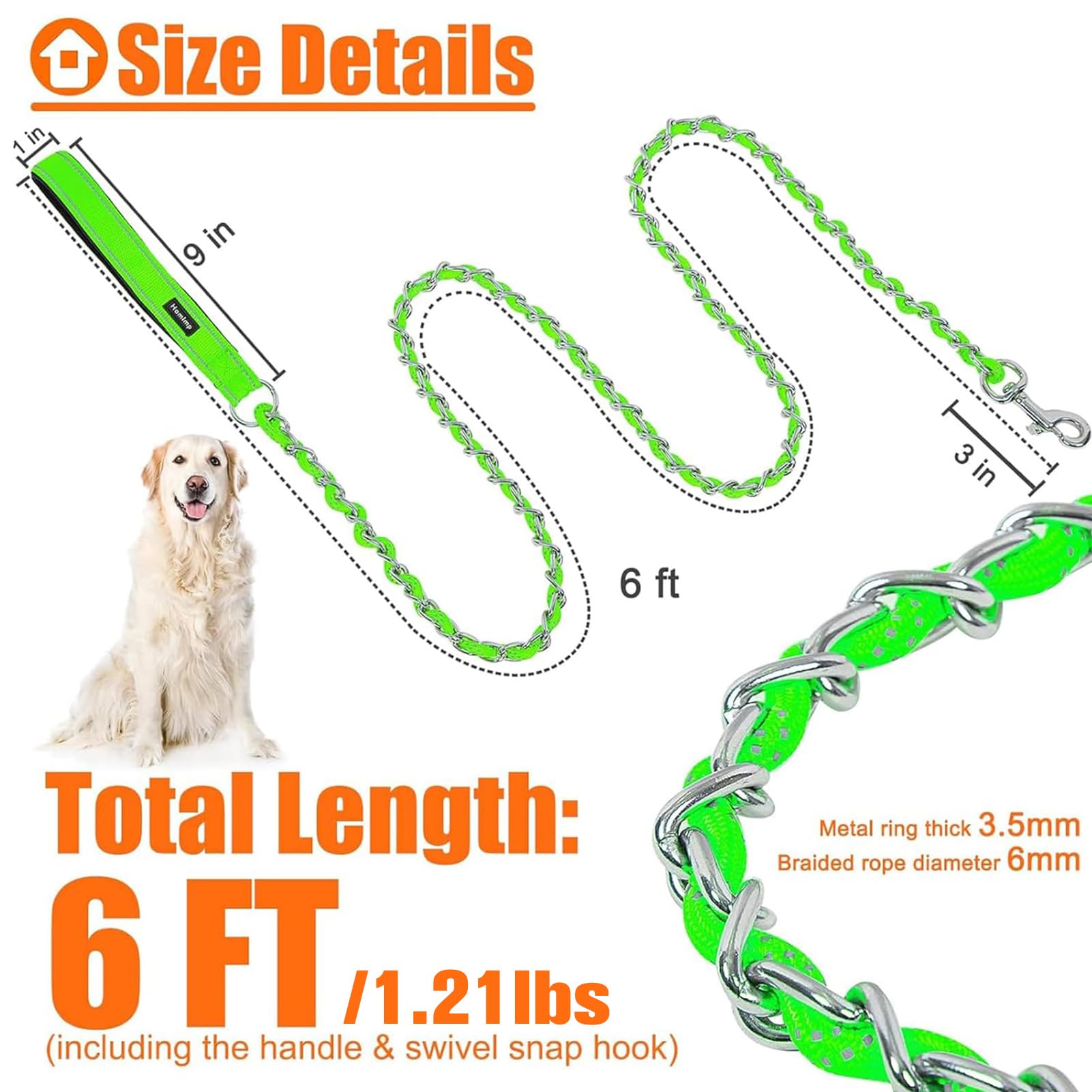 Homimp Chew Proof Dog Leash For Medium Large Dogs, Reflective 6 Ft Heavy Duty Metal Chain Dog Leashes With Soft Padded Handle, A