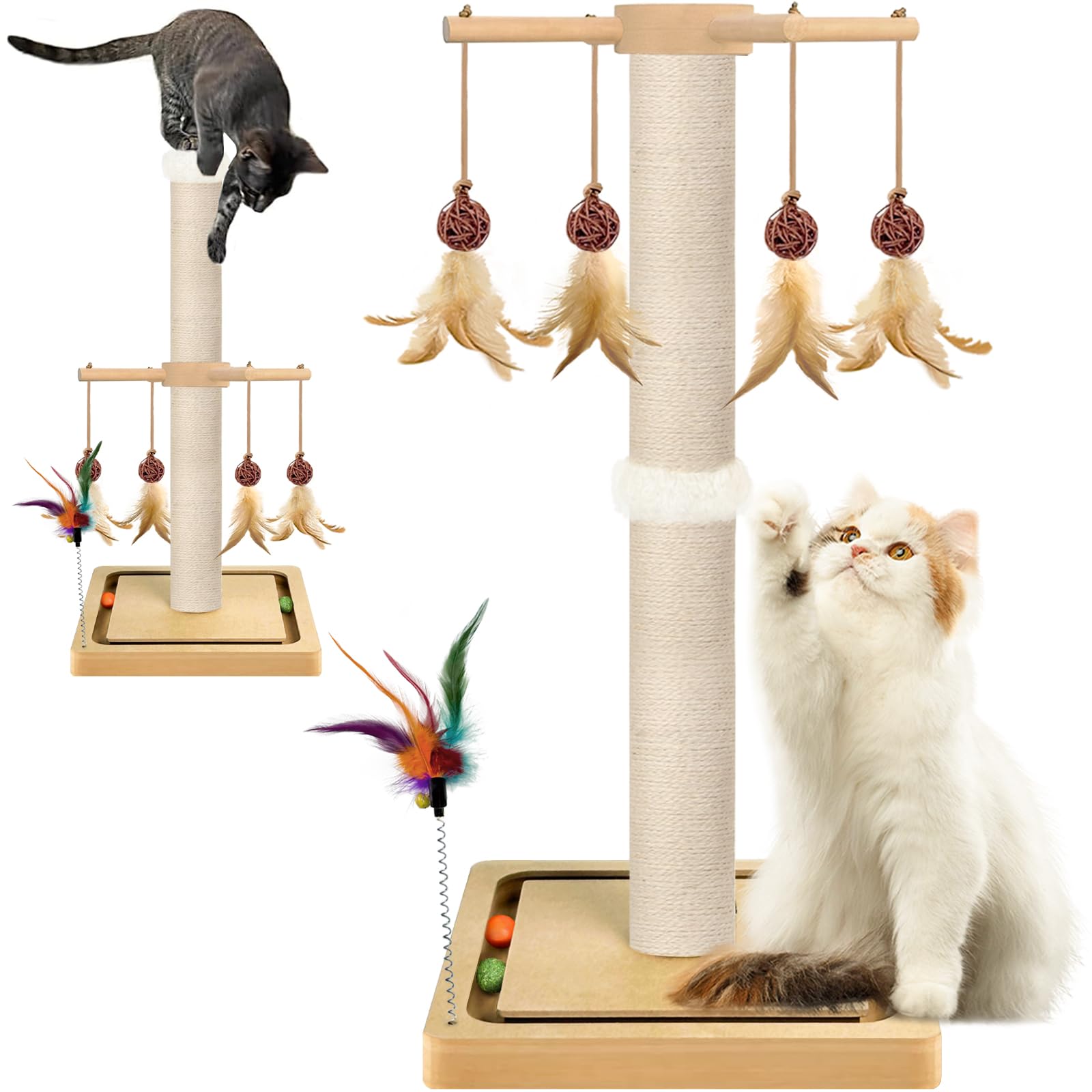 Tall Cat Scratching Post, Sisal, 33 Inches, Large Scratcher Tree Tower For Indoor Cats Adults With Hanging And Ball Track, 2 Mou