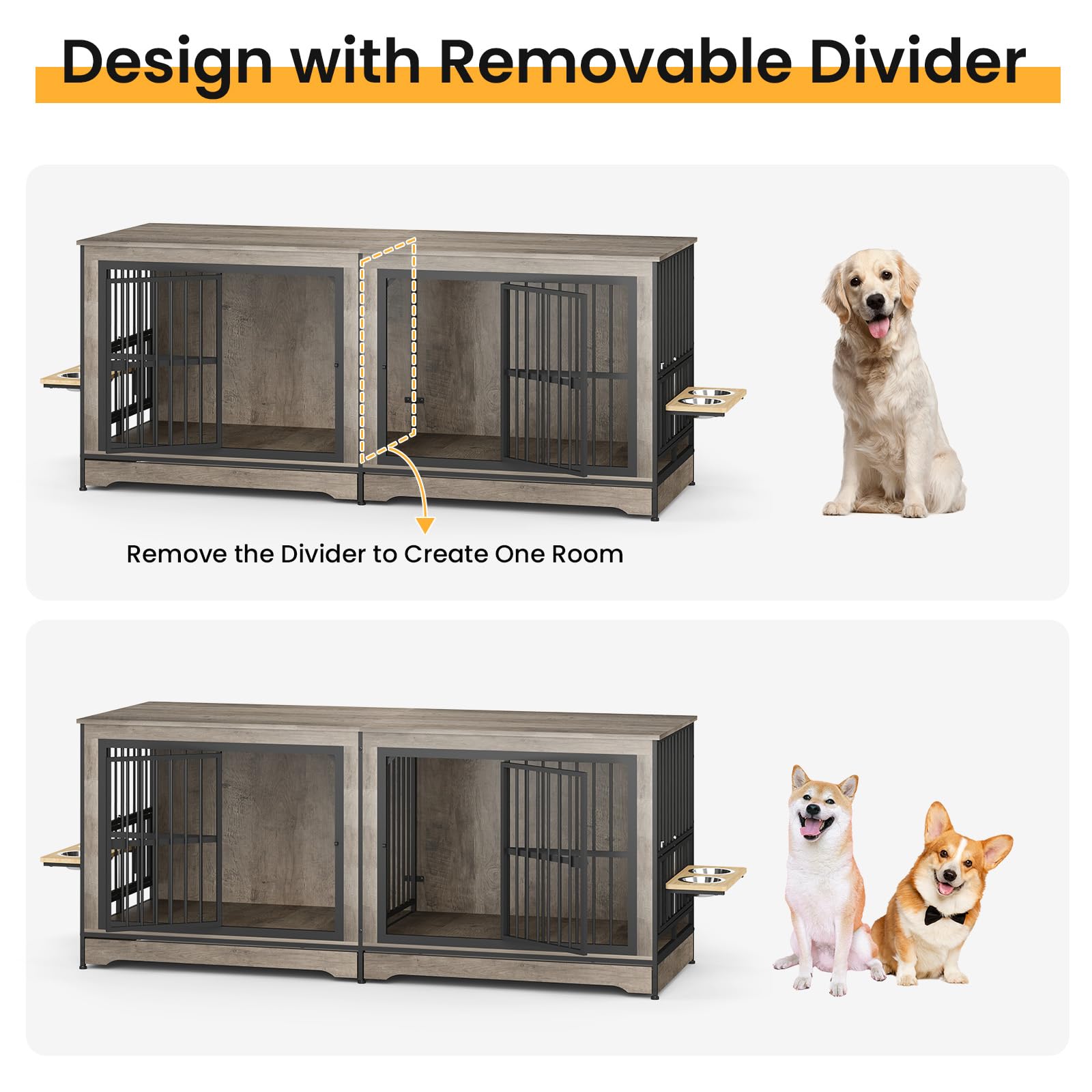 Yafylly 78 Double Dog Crate Furniture, XL Double Dog Kennel with 360 Rotating and Adjustable Height Dog Bowl Holder (4 Bowls),