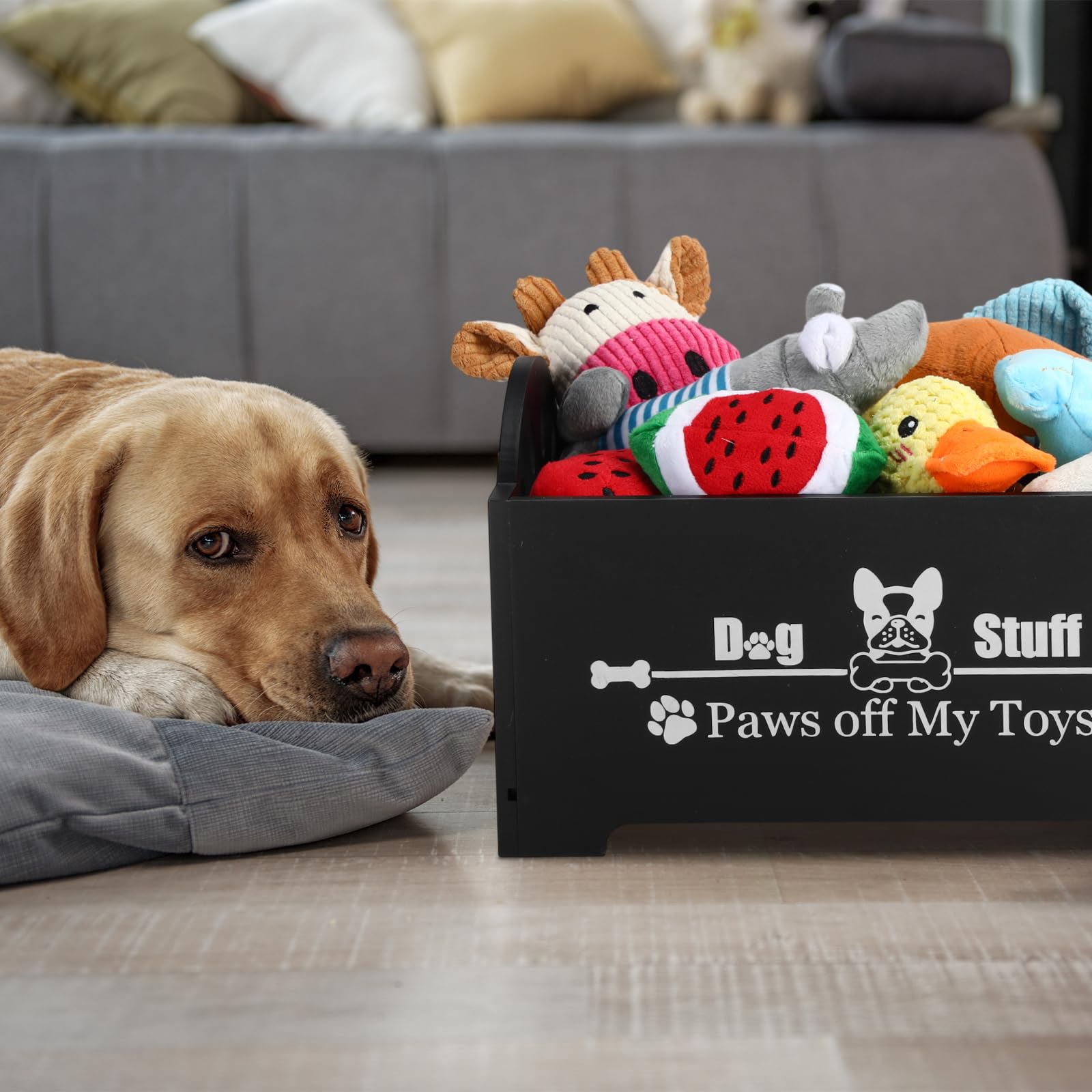 Marsui Wooden Dog Toy Bin Basket with Handle 14x9x8 Inches Large Dog Stuff Storage Box Cute Pet Stuff Organizer for Chew, Blanke