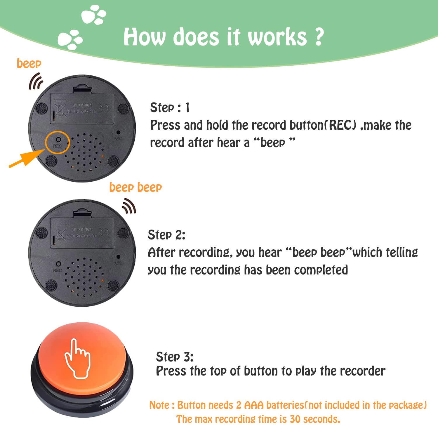 Finest+ Voice Recording Button For Communication Pet Training Buzzer, 30 Second Record&Playback Dog Toy, Voice Recording Clicker