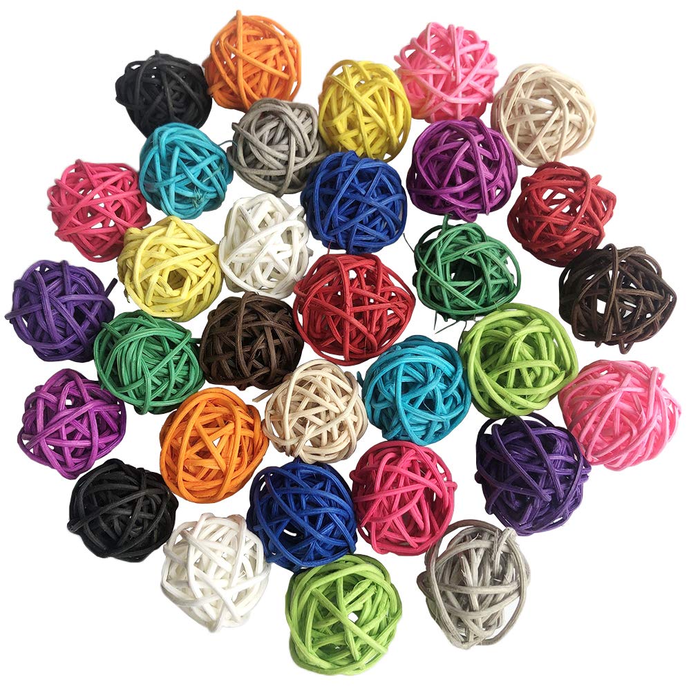 Benvo Rattan Balls 32 Pack 1.2 Inch Wicker Ball Birds Quaker Parrot Parakeet Chewing Pet Bite Ball For Budgies Conures Hamsters Ball Orbs Crafts Diy Accessories Vase Fillers (Multi-Colored)