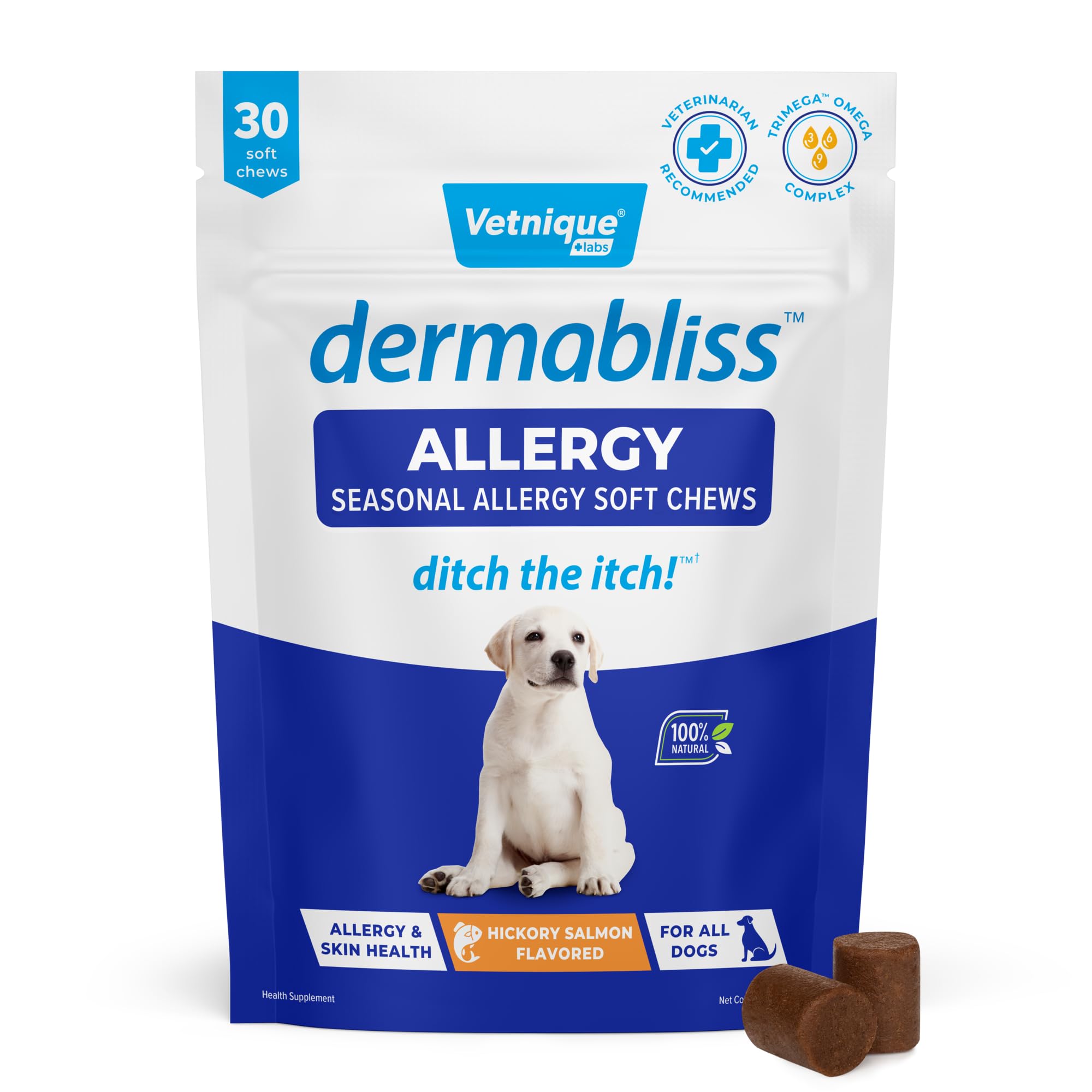 Vetnique Labs Dermabliss Dog Allergy Relief & Immune Support Supplement Allergy Chews for Dogs Itching and Licking with Omega 3 