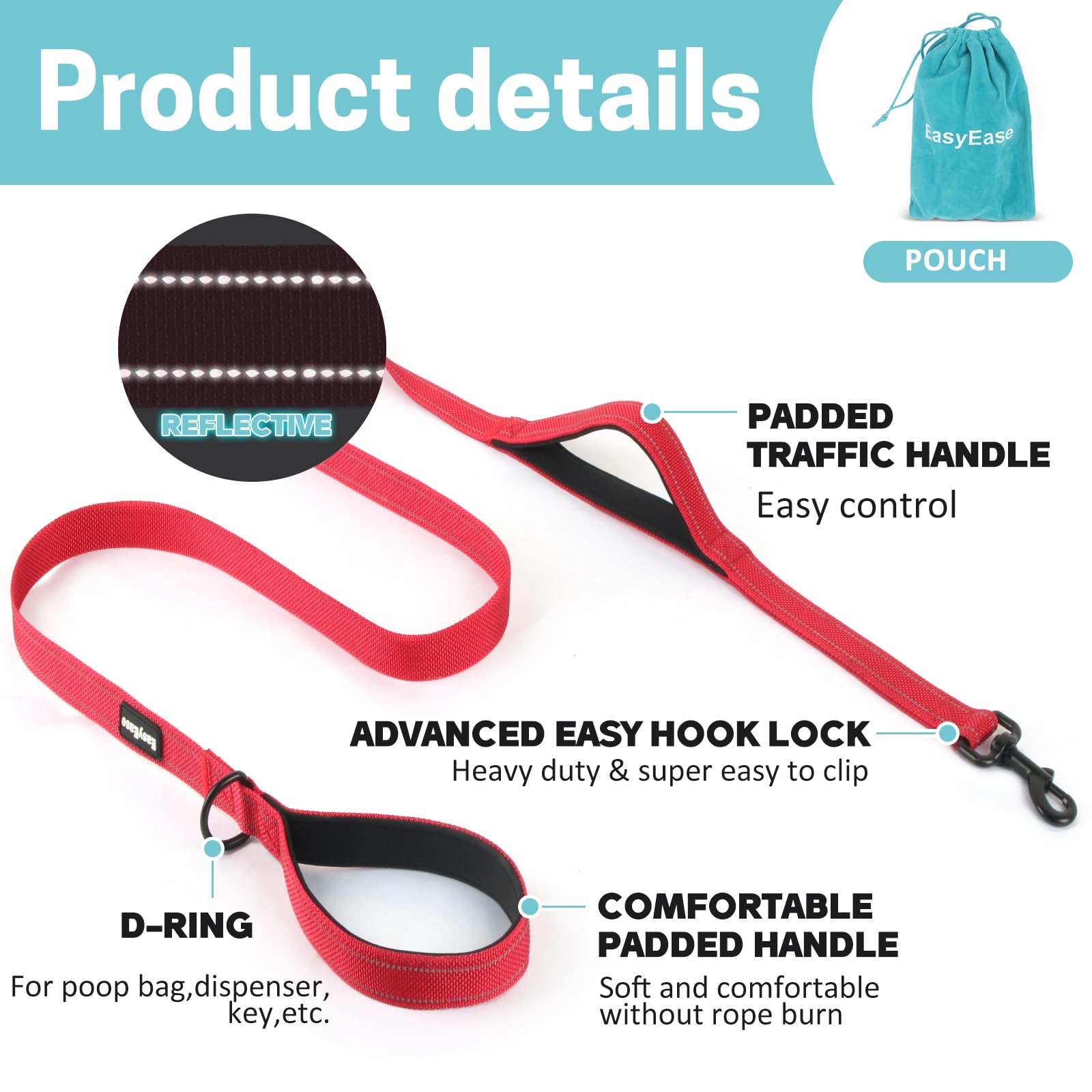 Easyease Dog Leash With 2 Comfortable Soft Padded Handles 6Ft Red Reflective Heavy Duty Pet Dog Walking Leashes Durable Dog Trai