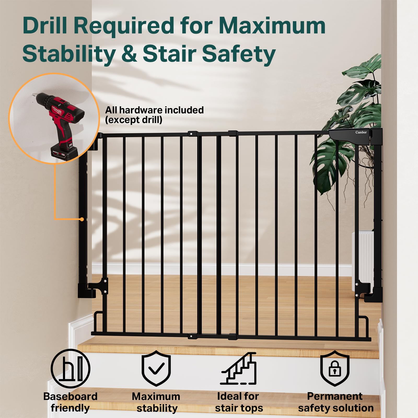 Cumbor 29.2-43 Baby Gate for Stairs, Wall-Mounted (Drill Required), Expandable No Bottom Bar Dog Gate, Auto Close Extra Wide Wal