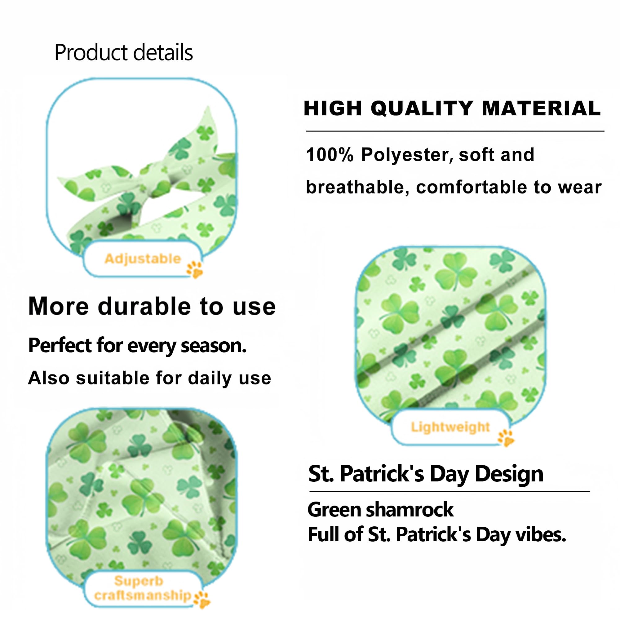 Cute St Patricks Day Dog Bandanas 2 Pack, Green Irish Shamrocks Clover Dog Scarf, Handkerchief Scarves Gifts For Puppy Large Dog
