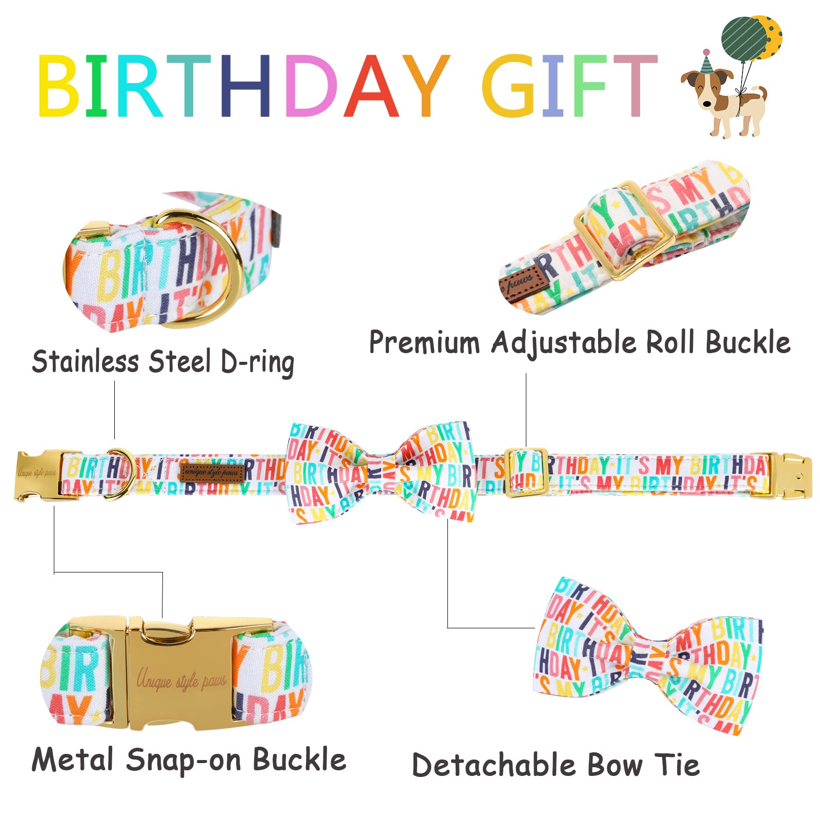 Unqiue Style Paws Birthday Dog Collar, Soft And Cute Dog Bow Tie, Durable Pet Collar With Bow Adjustable Bow Dog Collar For X-Large Dogs