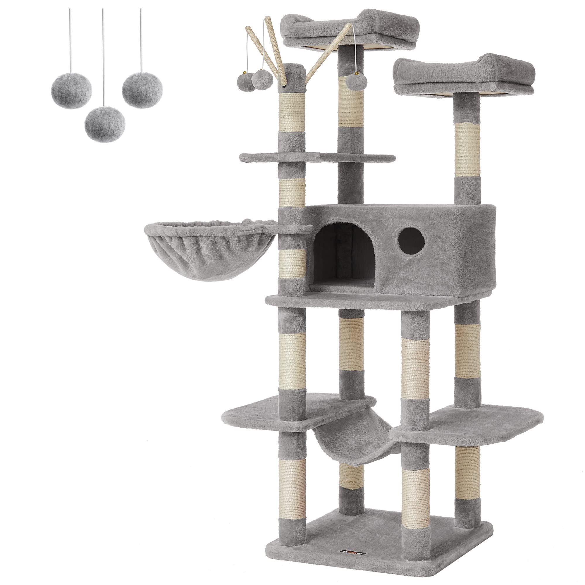 Feandrea Cat Tree, Large Cat Tower, 64.6 Inches, Cat Activity Center With Hammock, Basket, Removable Fur Ball Sticks, Cat Condo,