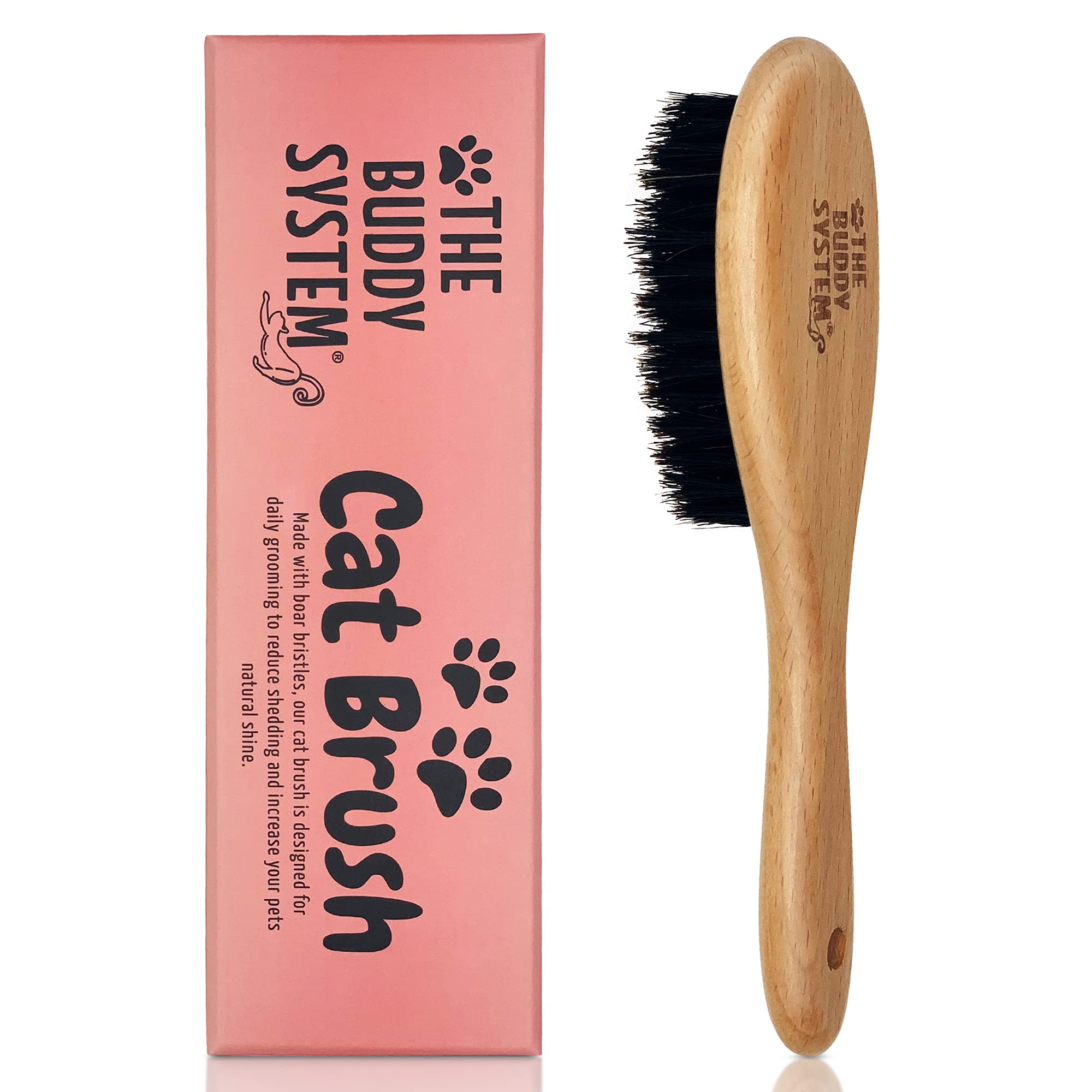 The Buddy System Cat Brush With Boar Bristle And Wooden Handle, Professional Grade Daily Grooming Hairbrush, Reduce Shedding, So