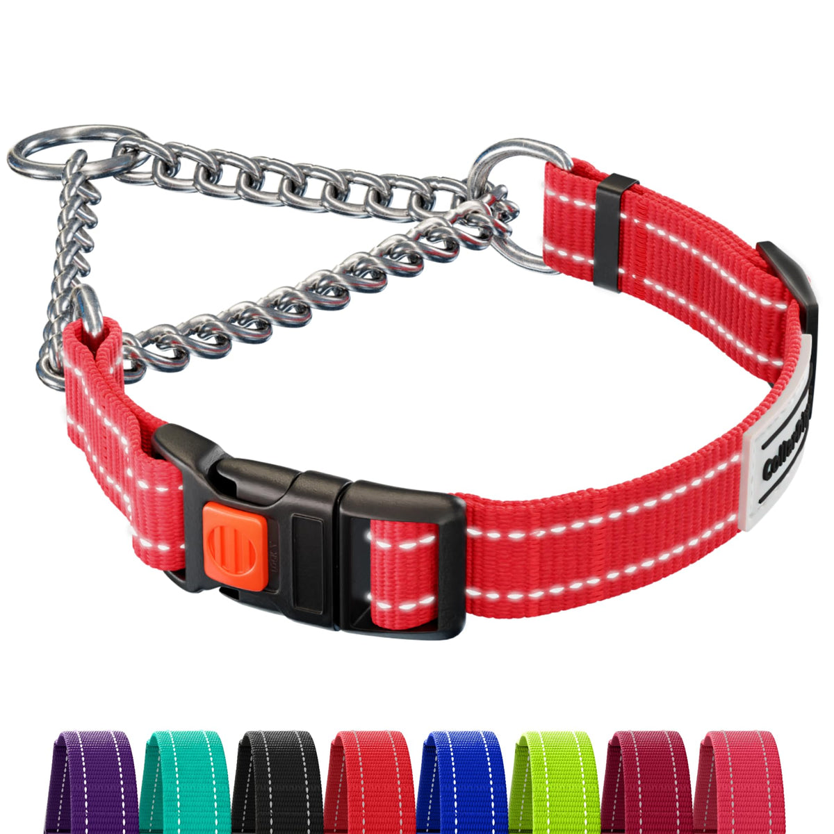 Collardirect Martingale Dog Collar With Stainless Steel Chain And Quick Release Buckle - Reflective Collar For Large, Medium, Small Dogs - Red, Large (Neck Size 17'-22')