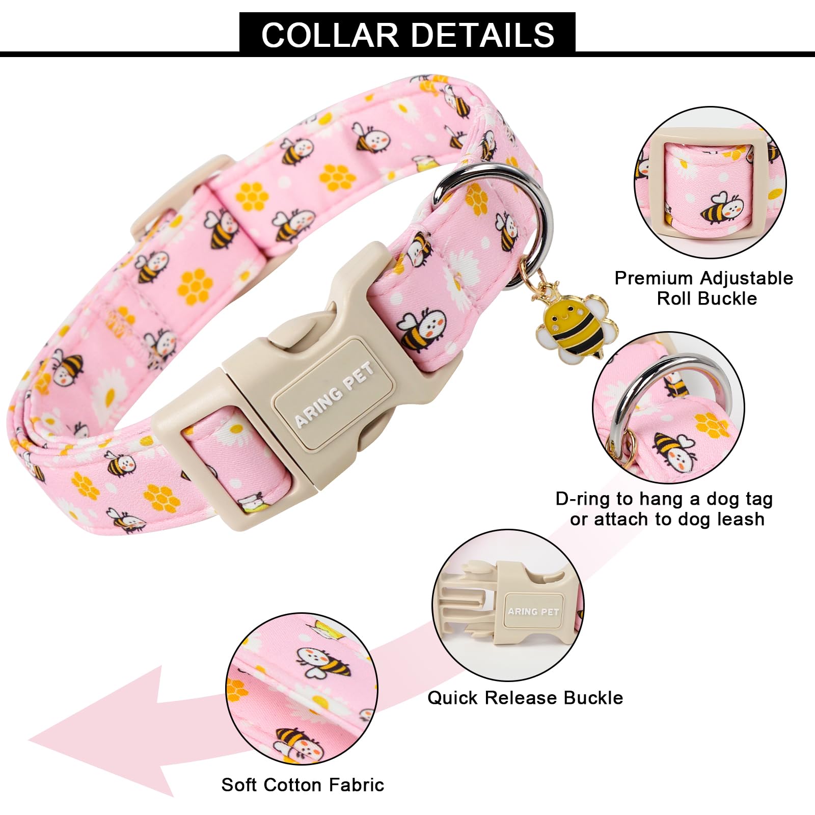 Aring Pet Summer Dog Collar-Cute Pink Bees Dog Collars, Adjustable Bees&Daisy Print Pet Collars Puppy Collar With Quick Release