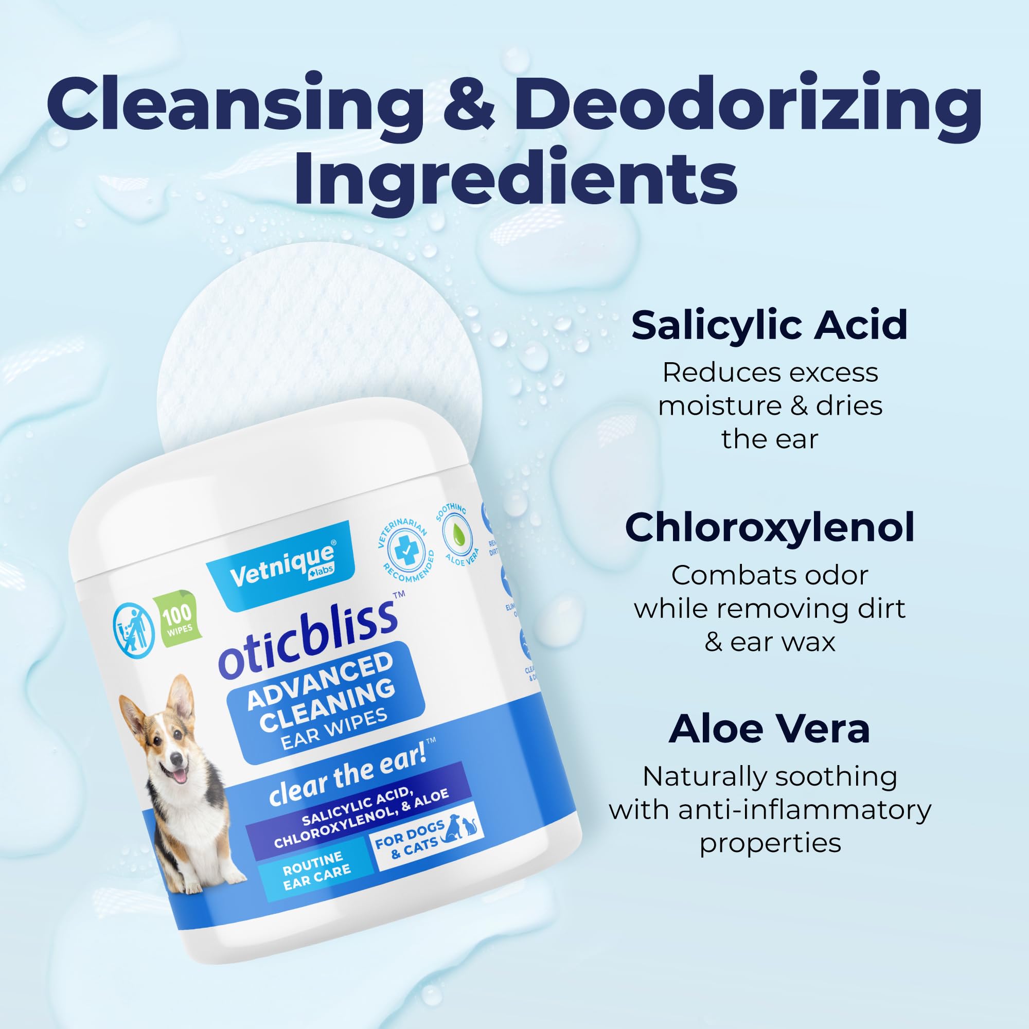 VETNIQUE Oticbliss Advanced Cleaning Ear Wipes for Dogs & Cats for Odor Control, Dirt and Wax Removal with Soothing Aloe Vera, D