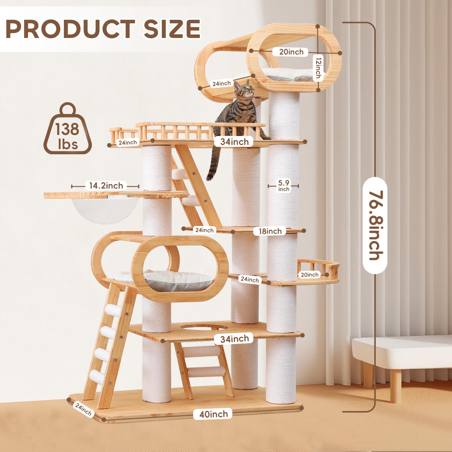 76.8'' Tall Modern Large Cat Tree,Multi-Level Wood Cat Tower For Indoor Cats Large Adults,Luxury Heavy Duty Cat Condo With Cushi