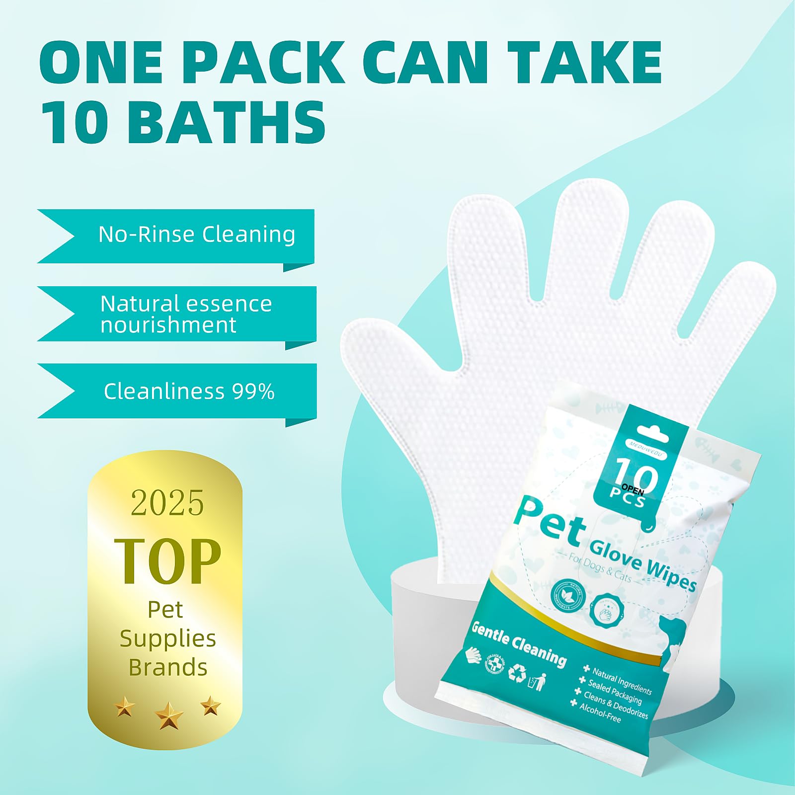 MEDUWEDU [10 Count] No-Rinse Pet Glove Wipes - 5-Finger Design, Coconut Oil & Aloe, Hypoallergenic Grooming Mitts for Dogs & Cat