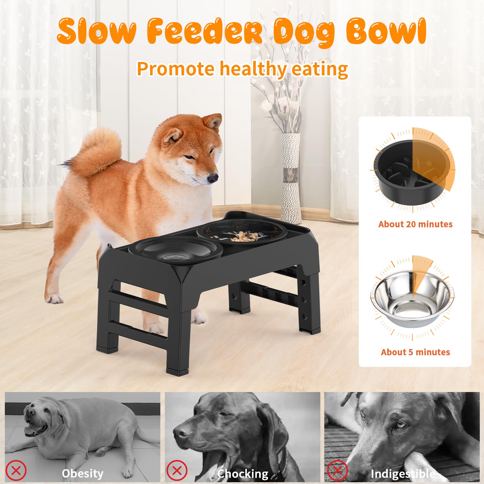 URPOWER 2-in-1 Elevated Dog Bowls Mess Proof Slow Feeder Dog Bowls with No Spill Dog Water Bowl 4 Height Adjustable Raised Dog B