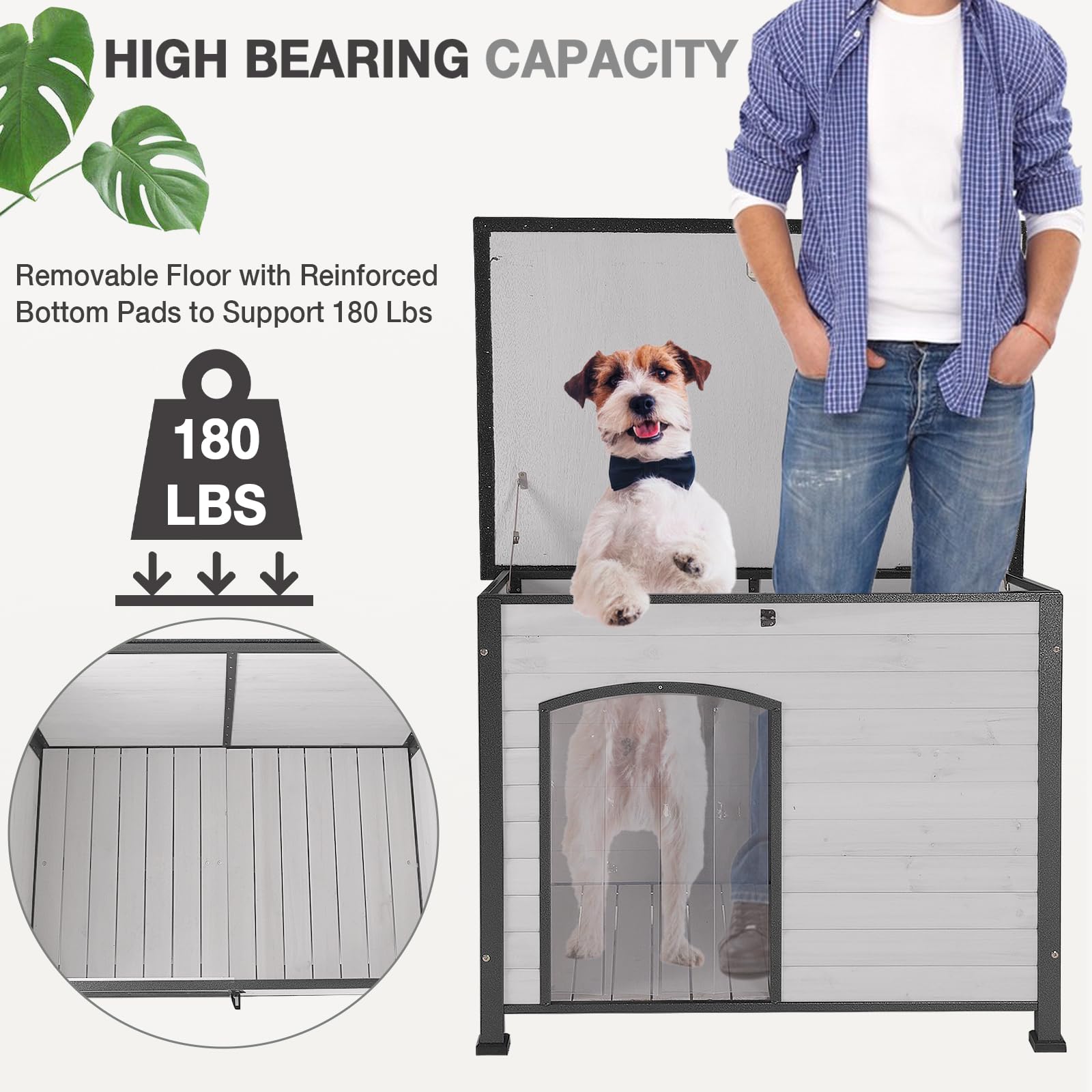 Dog House Outdoor Dog House For Small Medium Large Dogs, Natural Wood With Iron Frame, Waterproof Roof Raised Feet (43.3'' L-Whi