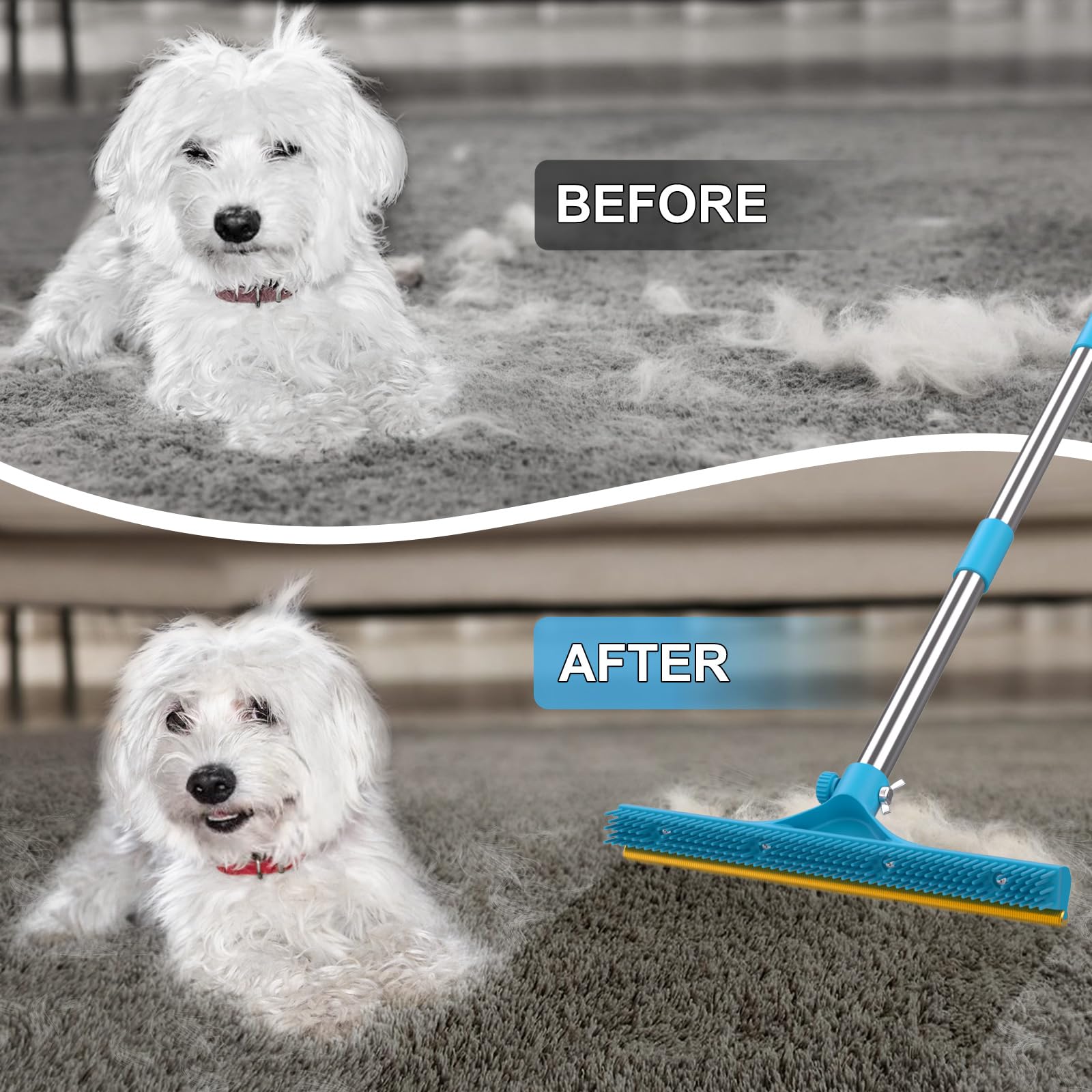 3 in 1 Carpet Rake for Pet Hair Removal, Reusable Pet Hair Remover Broom, 60   Adjustable Long Handle Dog and Cat Hair Remover