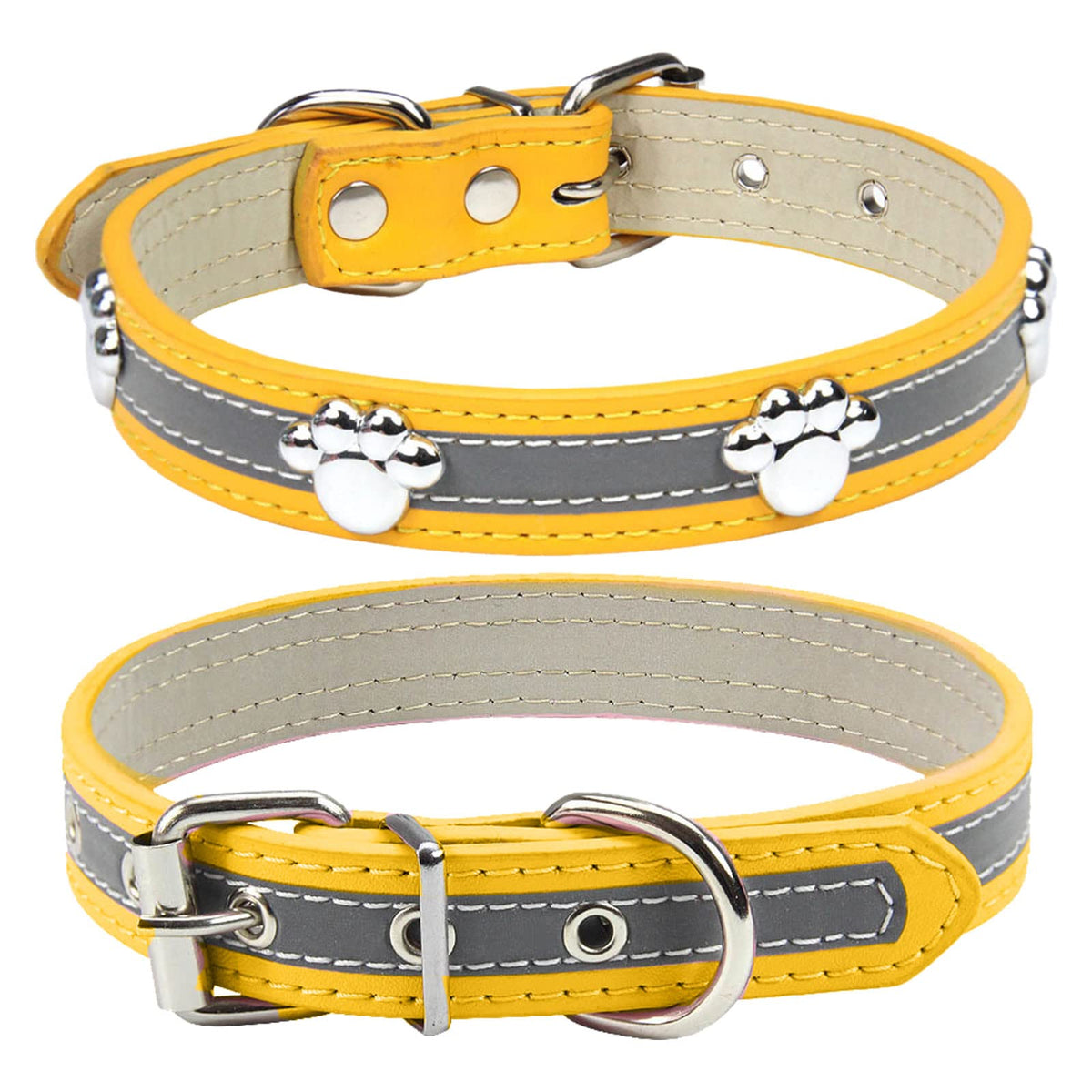 Petcare Reflective Dog Collar With Cute Paw Rivet Studded Funny Soft Pu Leather Adjustable Puppy Dog Collars For Small Medium Large Dogs Cats (Yellow,Large)