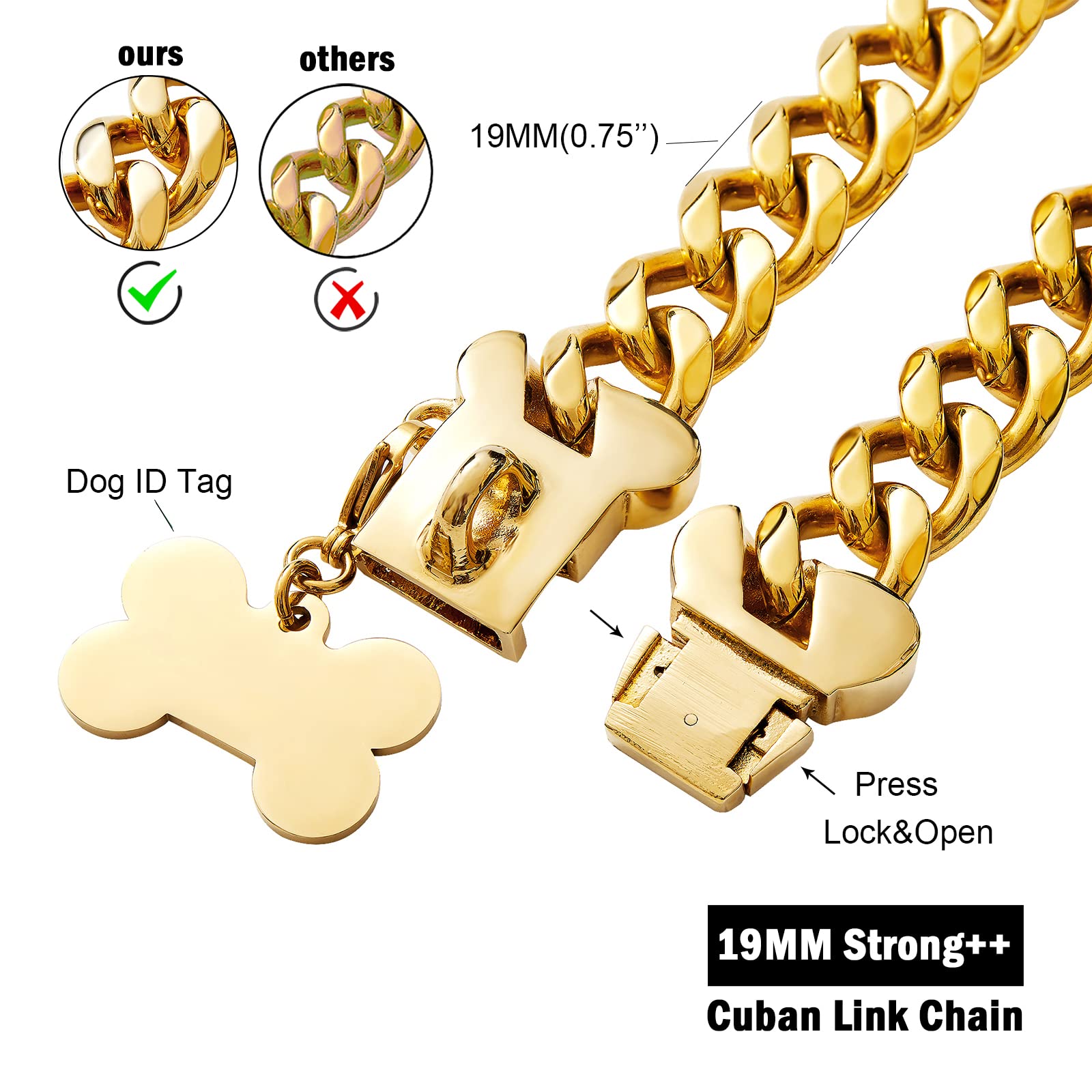 Strong Stainless Steel Thick Cuban Link Gold Dog Collar,Heavy Duty Chew Proof Metal Chain Fashion Necklace Collar for Large Dogs
