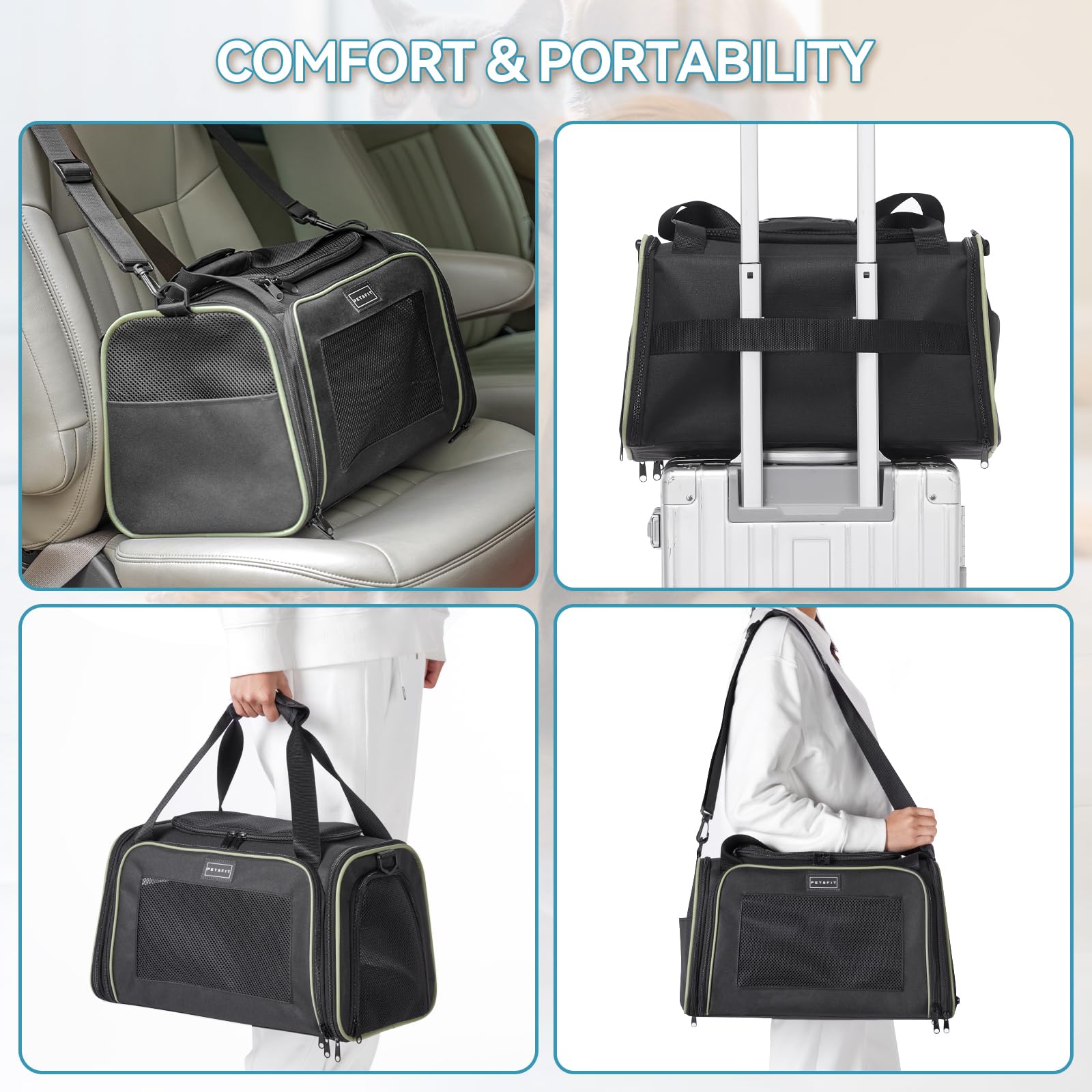 Petsfit Pet Carrier Airline Approved With Extendable Mat, Dog Carriers For Small Dogs, Tsa Approved Pet Carrier, Puppy Carrier For Small And Medium Cats Under 12 Lbs, Black