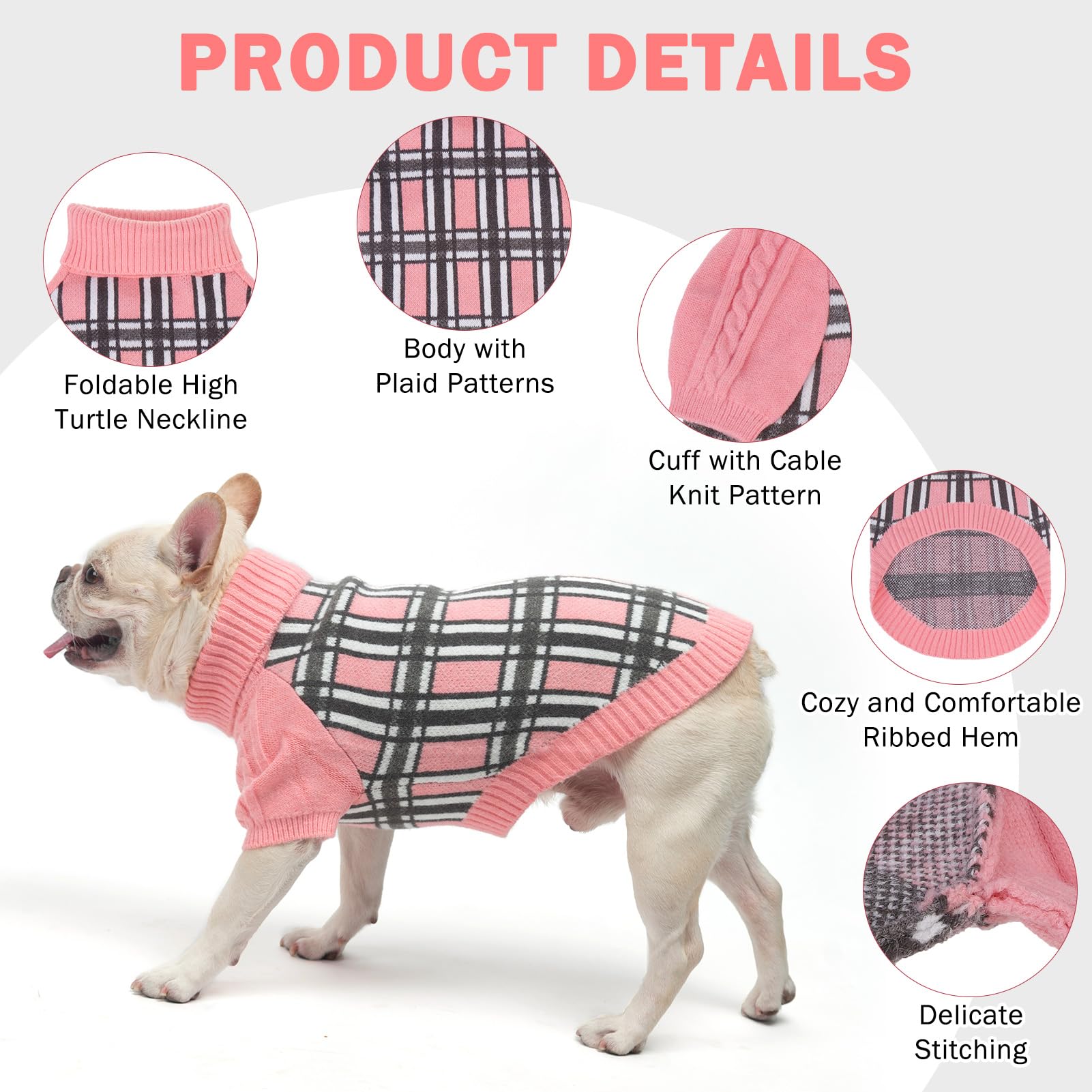 Scenereal Small/Medium Dog Pullover Sweater,Cable Knitwear Dog Sweatershirt For Winter, Classic Plaid Turtleneck Thick Warm Dog