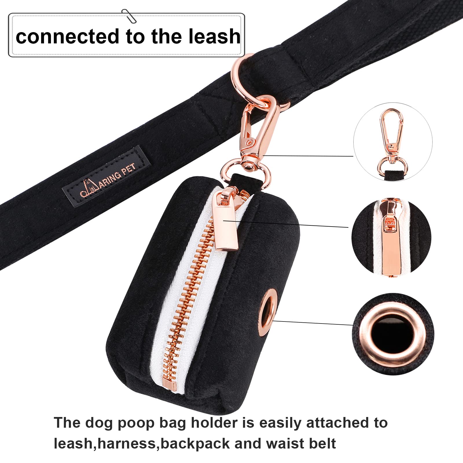 Aring Pet Dog Waste Bag Dispenser, Soft Black Doggy Poop Bags Holders Attach To Any Leashes, Velvet Portable Washable Pet Waste