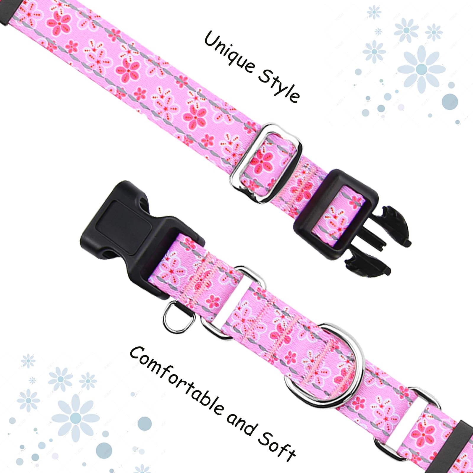Fidohug Reflective Martingale Collar For Dogs With Quick Release Buckle Cute Girl Female Flower Dog Collars (Pink Floral, Large)
